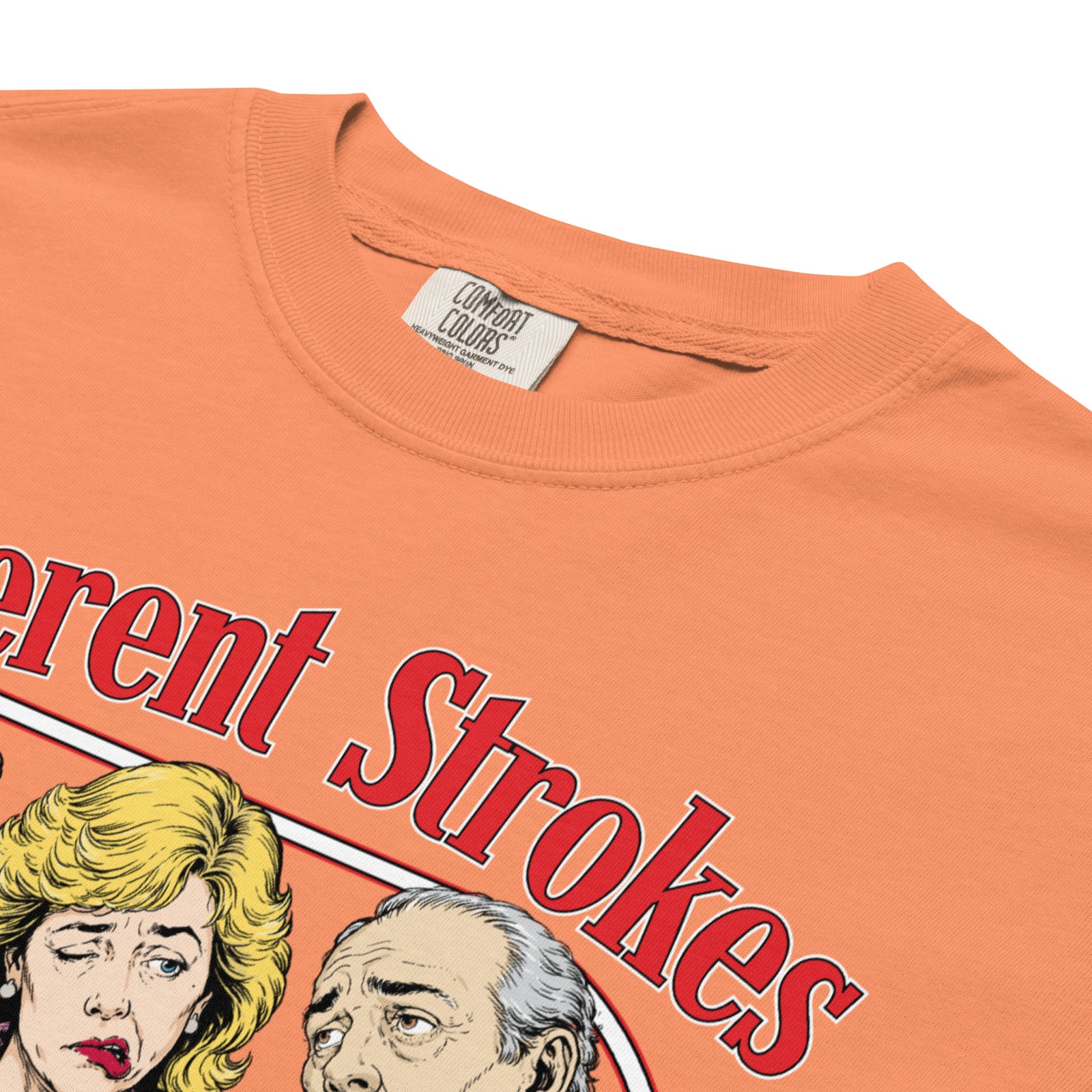 Different Strokes for Different Folks terracotta T-shirt showing garment-dyed collar and print detail