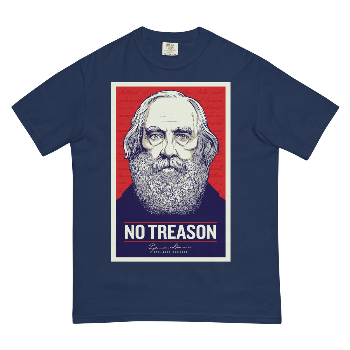 Navy blue t-shirt with a graphic of a bearded man and 'No Treason' text on a white background
