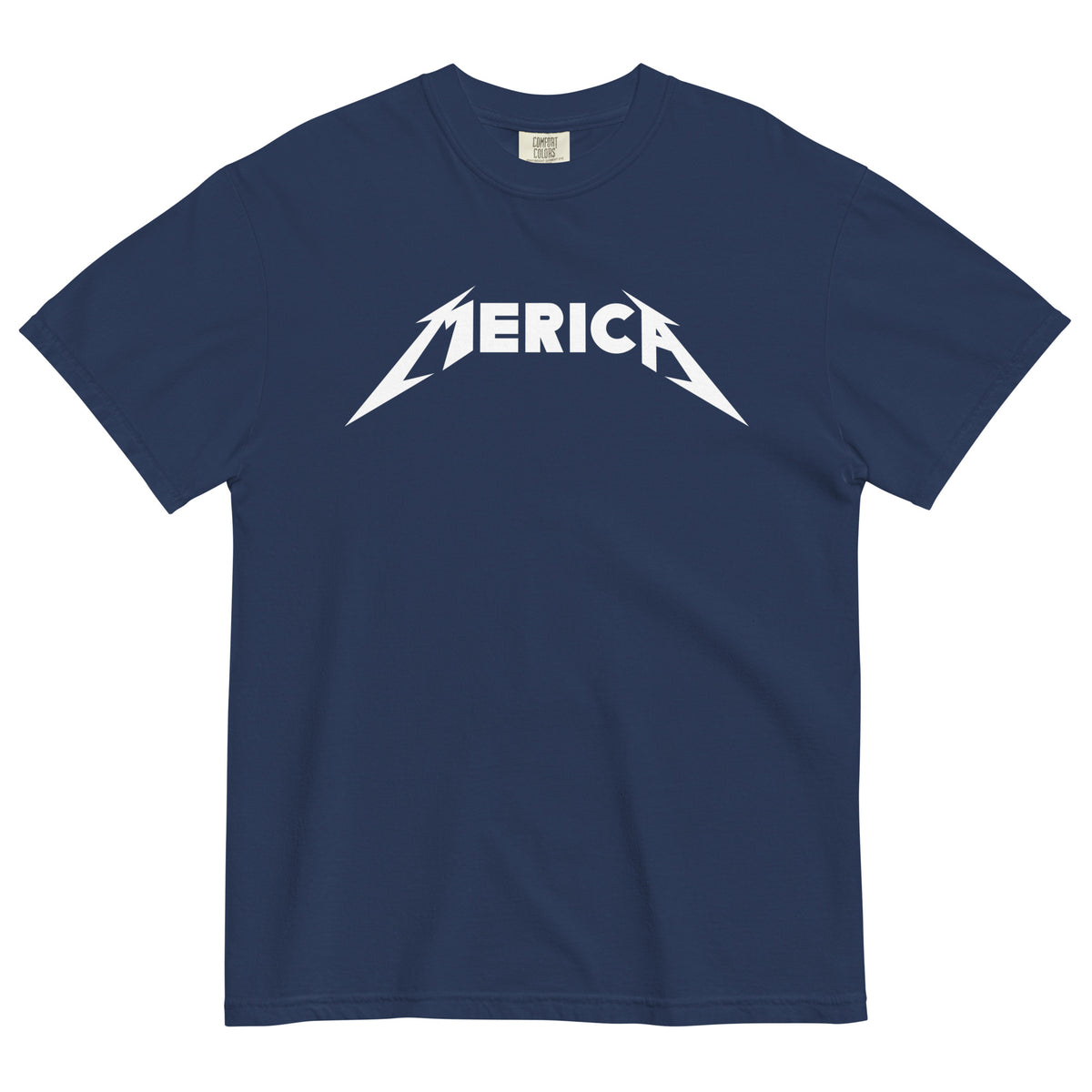 Navy blue t-shirt with 'MERICA' graphic design on a white background
