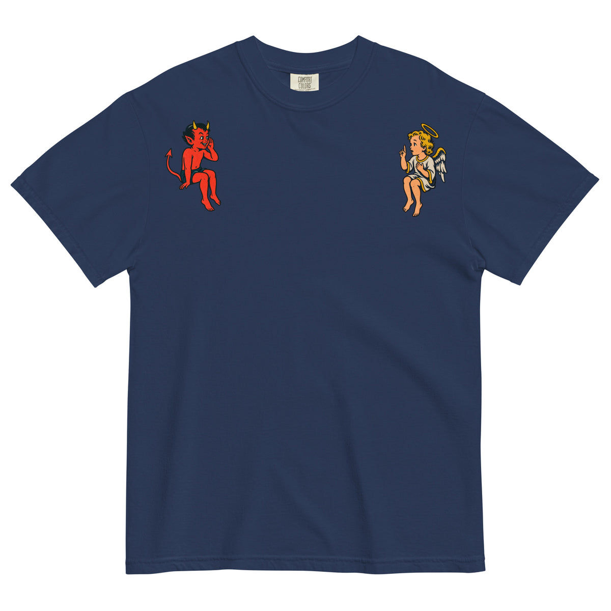 True navy Free Will &amp; Associates angel and devil shoulder tee, front view