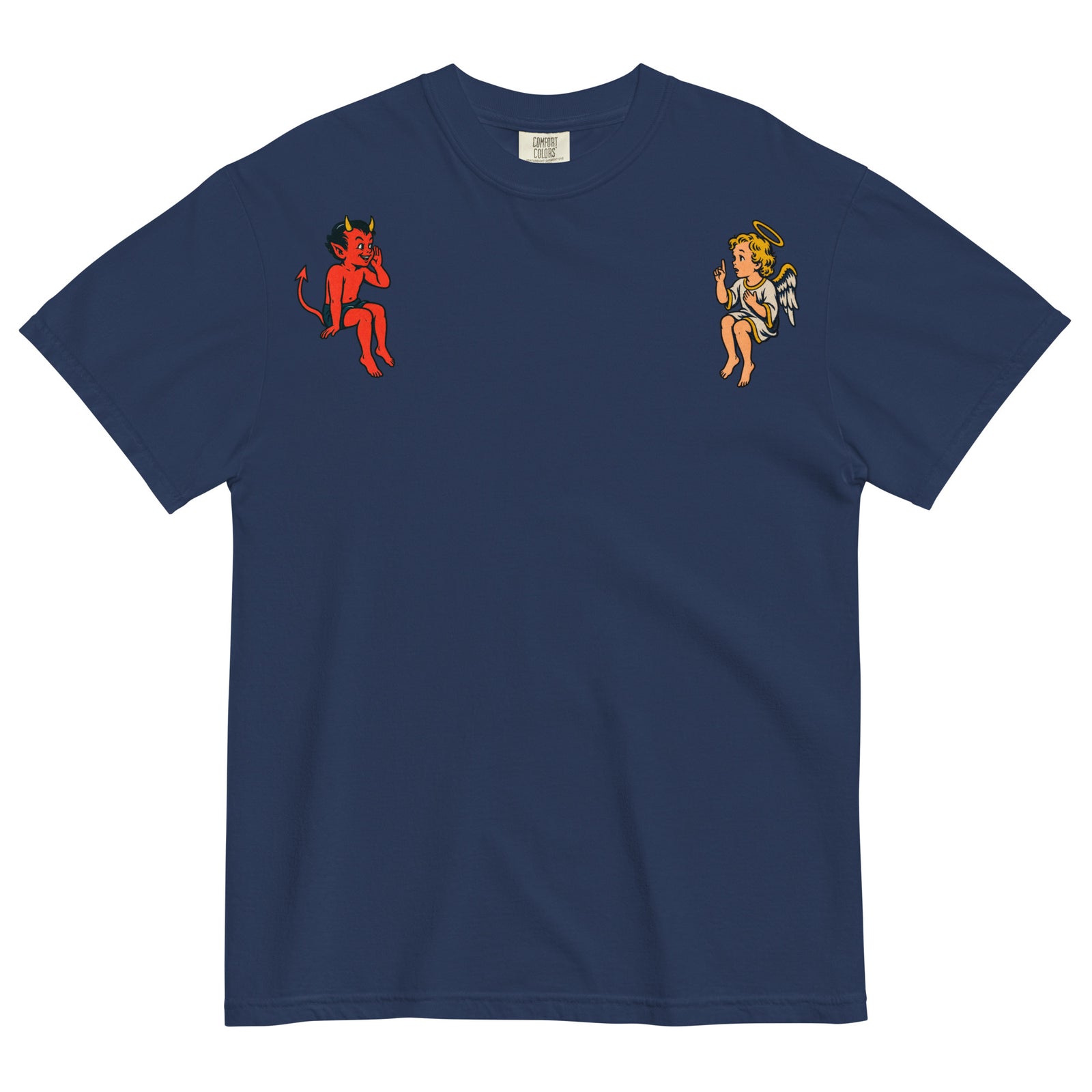 True navy Free Will & Associates angel and devil shoulder tee, front view