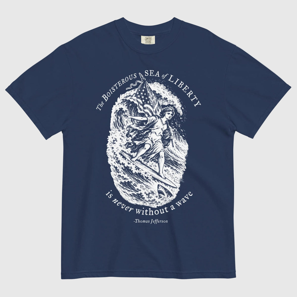 Jefferson Sea of Liberty heavyweight T-shirt in True Navy, front view with white surfing Liberty illustration