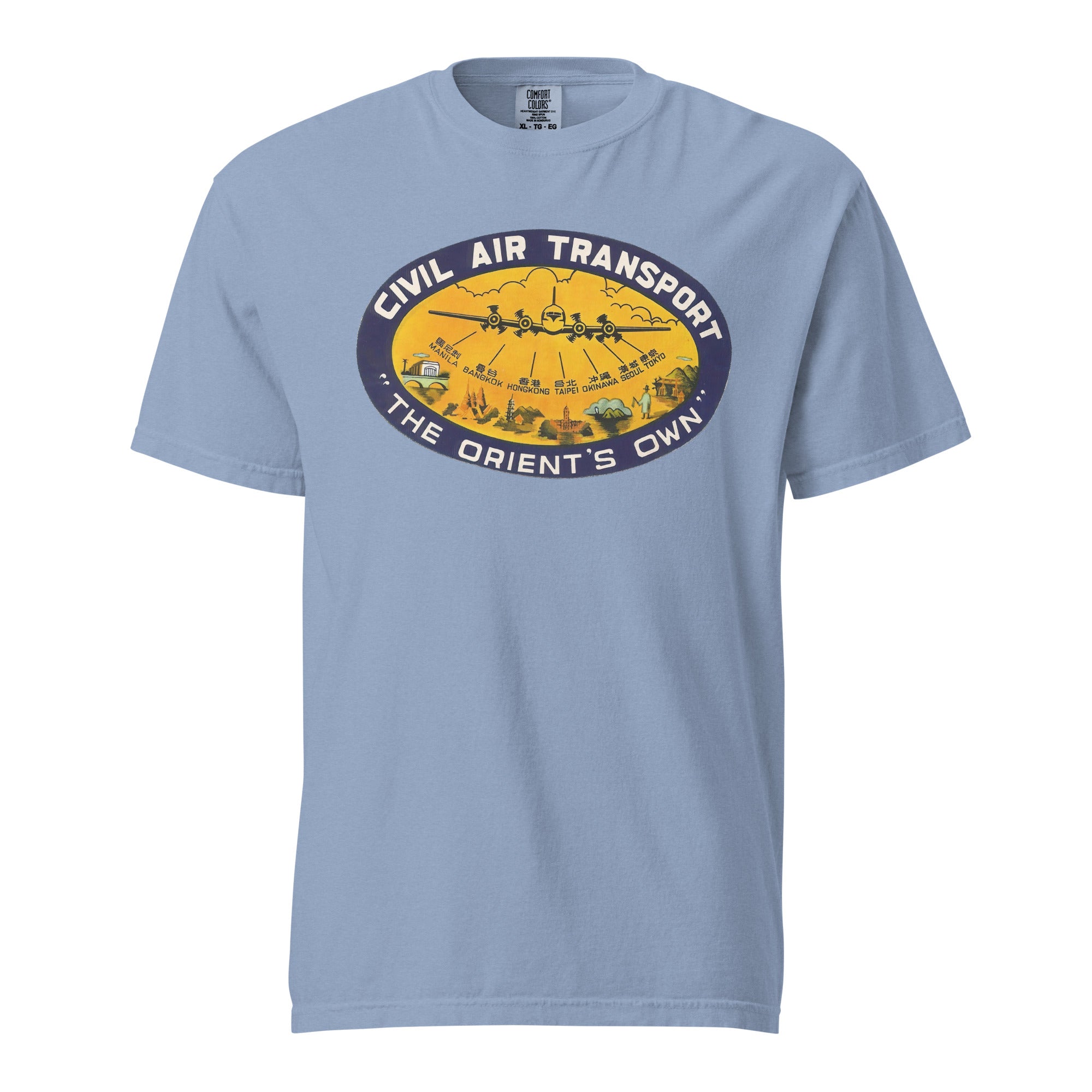 Man wearing Civil Air Transport heavyweight retro t-shirt in washed denim