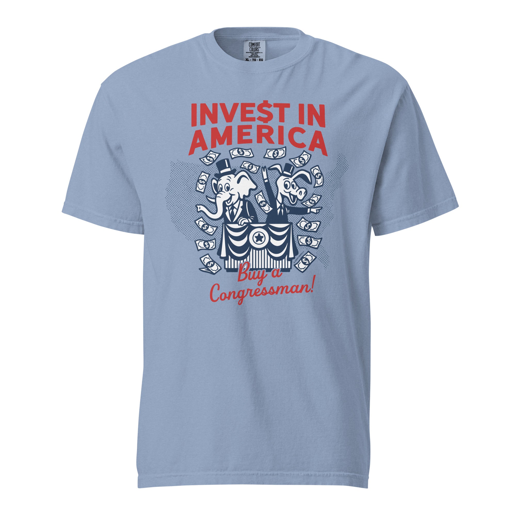 Light blue t-shirt with political graphic and text on a white background