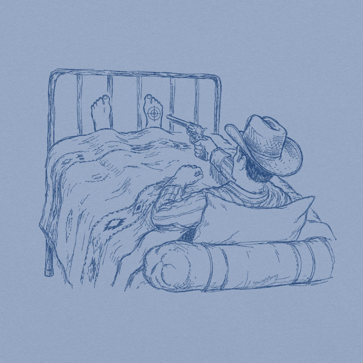 Hotshot by Liberty Maniacs. Illustration features a cowboy in bed shooting himself in the foot. 