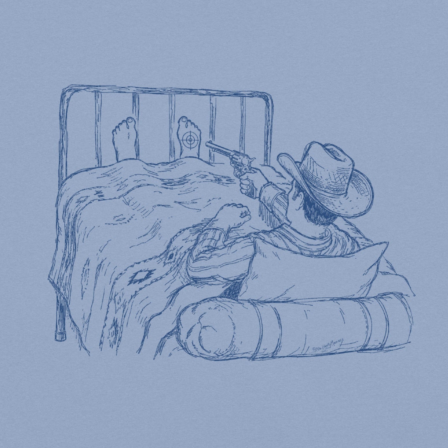 Hotshot by Liberty Maniacs. Illustration features a cowboy in bed shooting himself in the foot. 
