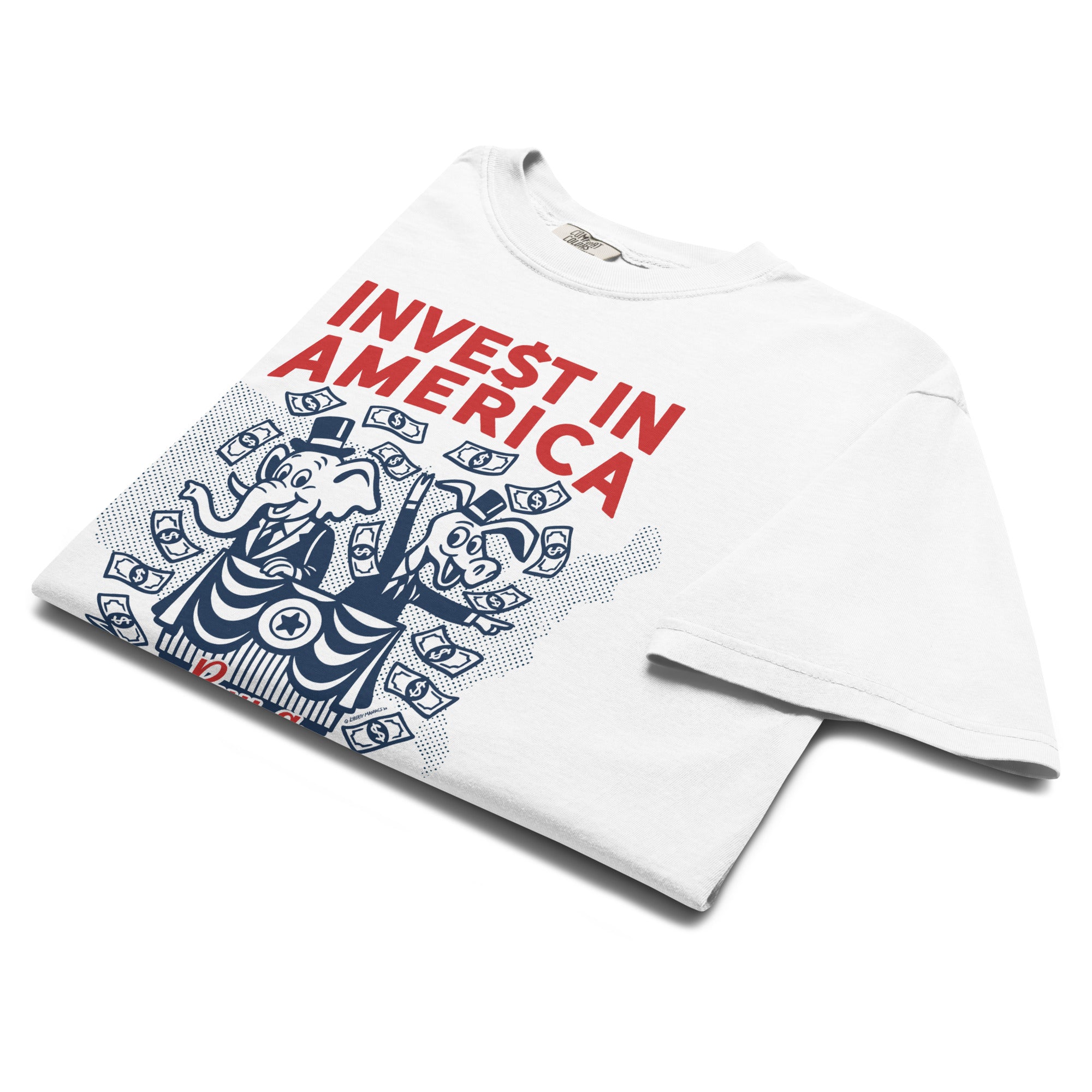 White t-shirt with 'Invest in America' text and graphic design on a white background