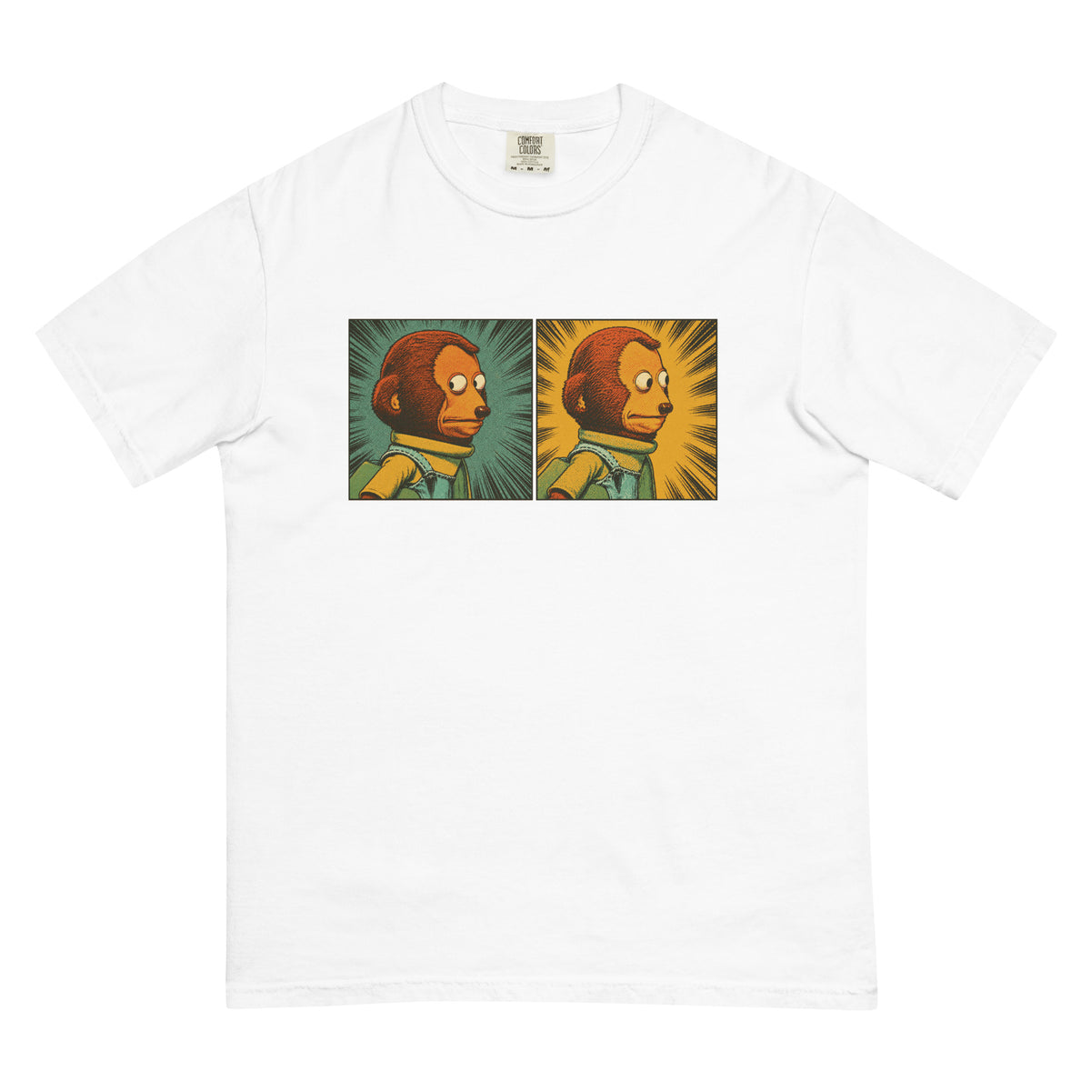 garment-dyed graphic T-shirt featuring a two-panel vintage comic-style monkey making an awkward side-eye expression.