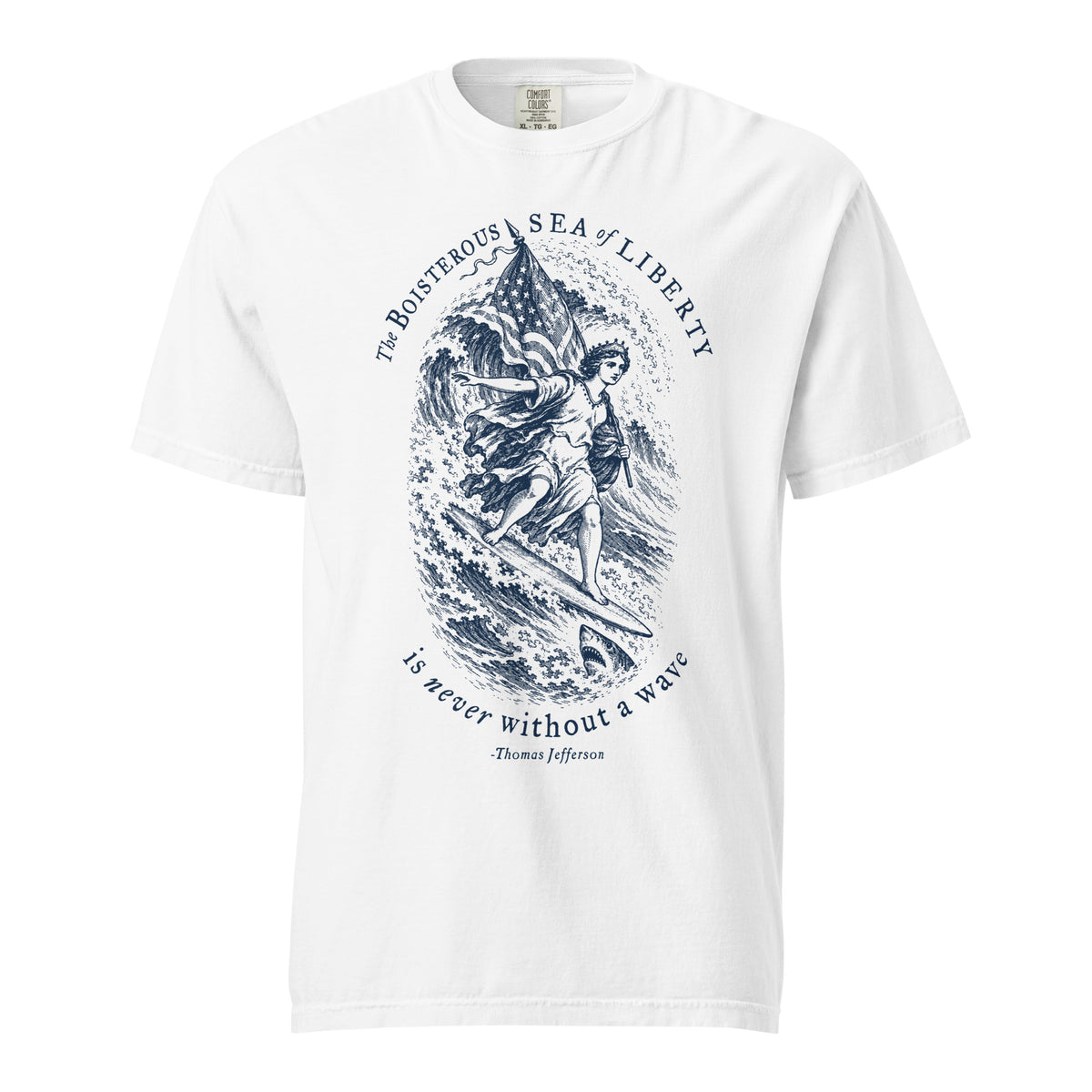 Jefferson Sea of Liberty heavyweight T-shirt in White, front view with navy surfing Liberty, American flag and shark design
