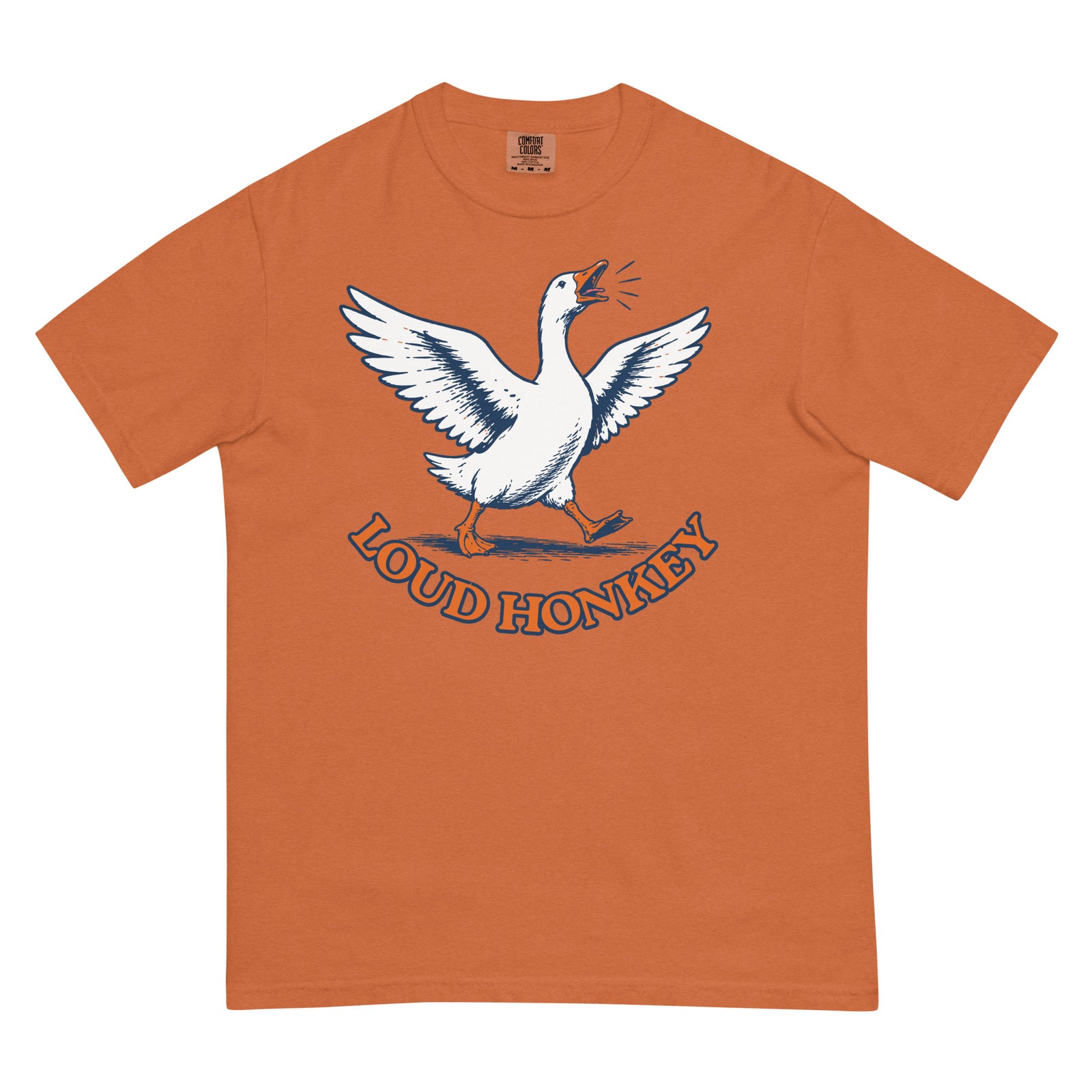 Loud Honkey funny goose graphic t-shirt in Yam garment-dyed heavyweight cotton, front view