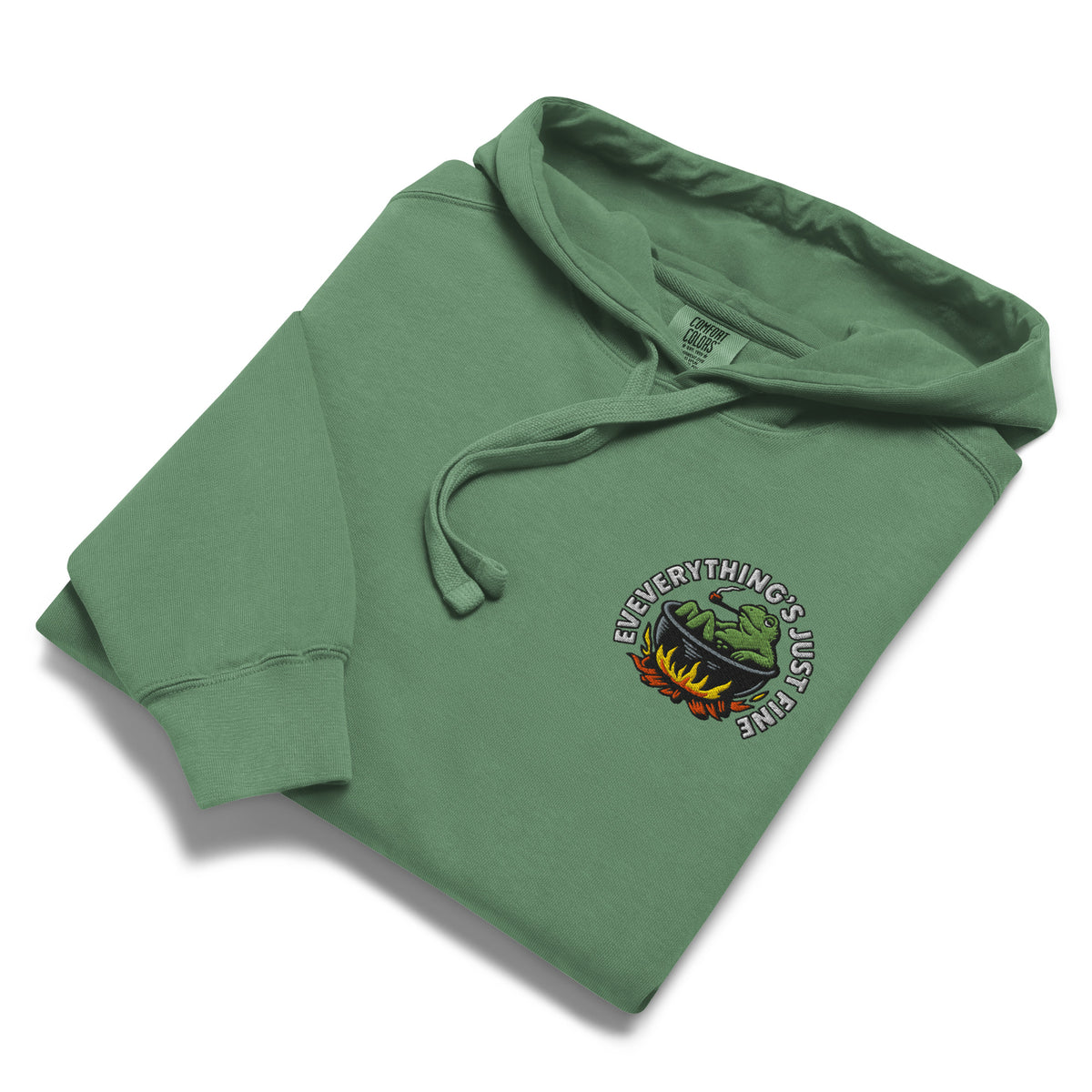 Green hoodie with a graphic design on a white background