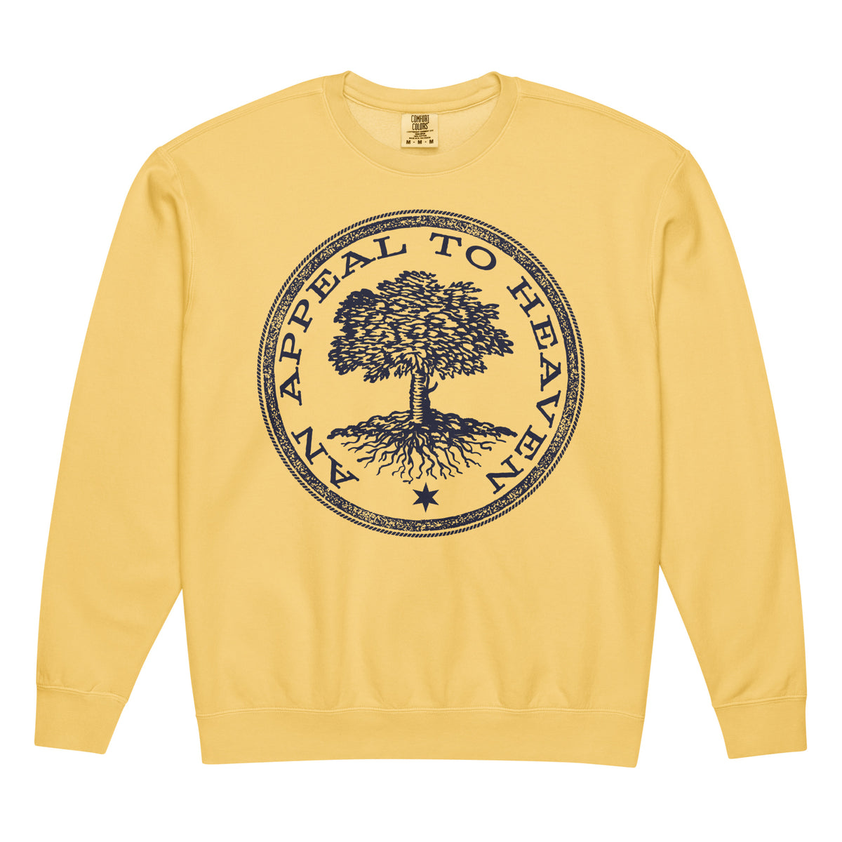 Yellow sweatshirt with a black tree graphic and &#39;An Appeal to Heaven&#39; text on a white background