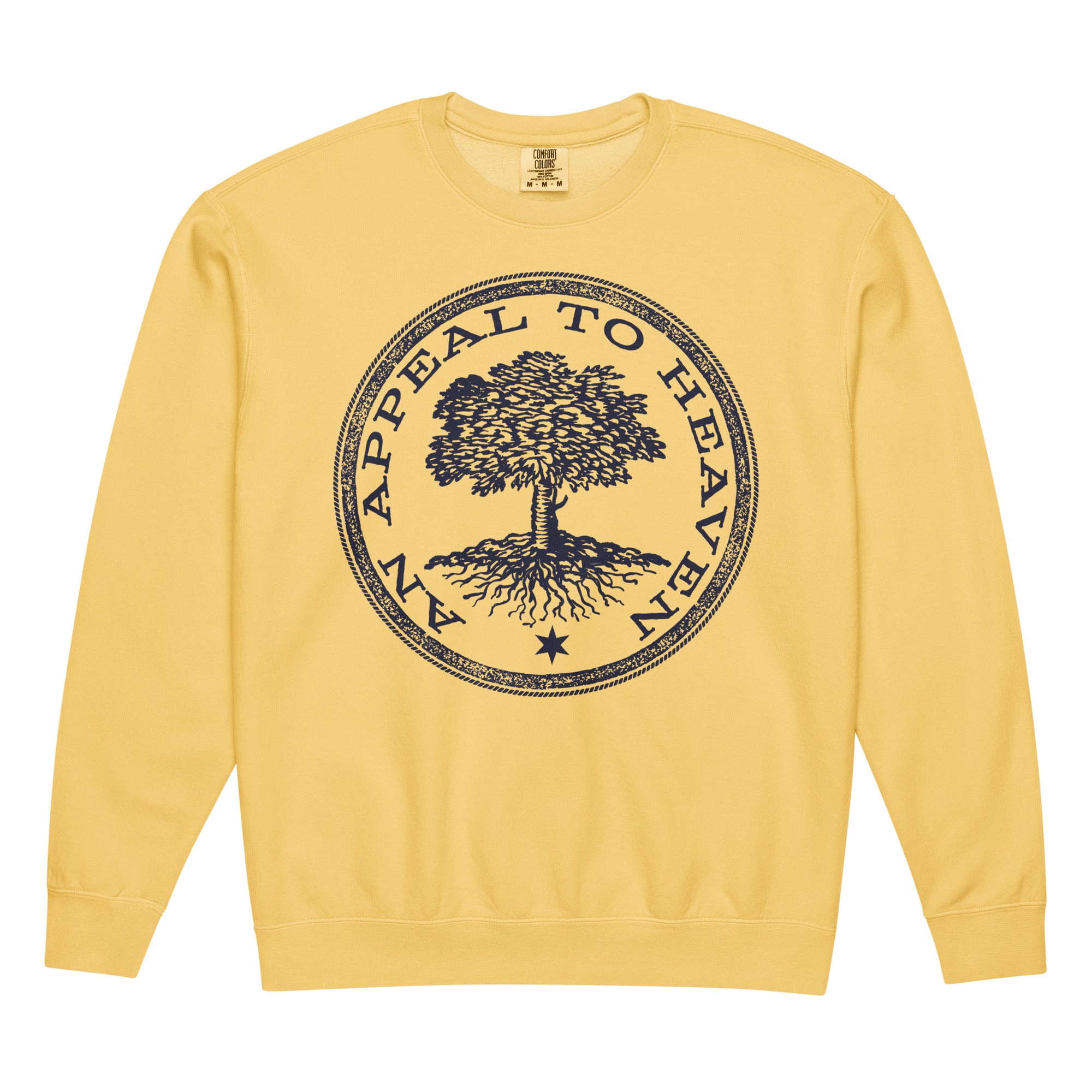 Yellow sweatshirt with a black tree graphic and 'An Appeal to Heaven' text on a white background