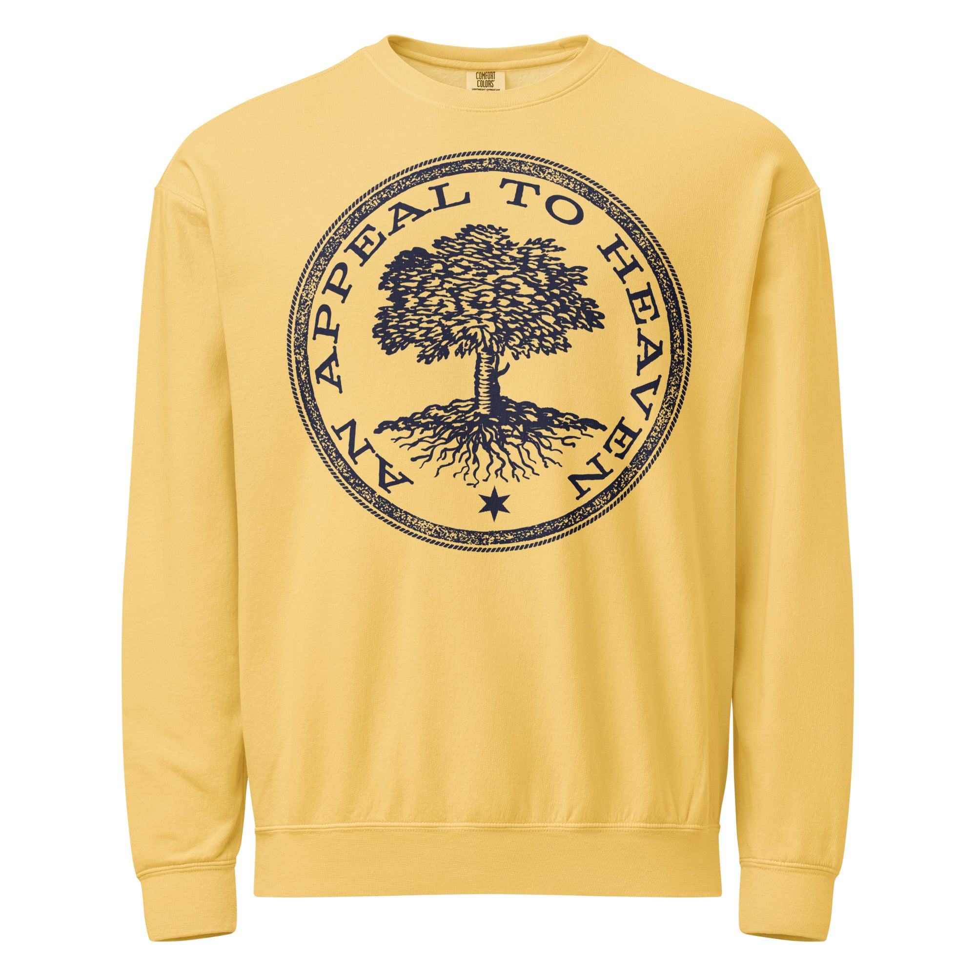 Yellow sweatshirt with a black tree graphic and text on a white background