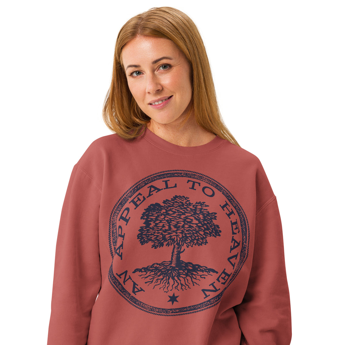 Woman wearing a red An Appeal to Heaven Unisex Garment-dyed fleece Crewneck Sweatshirt