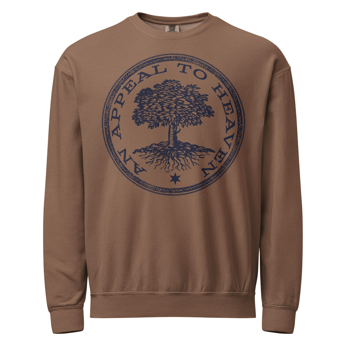 Brown sweatshirt with a tree graphic and text on a white background