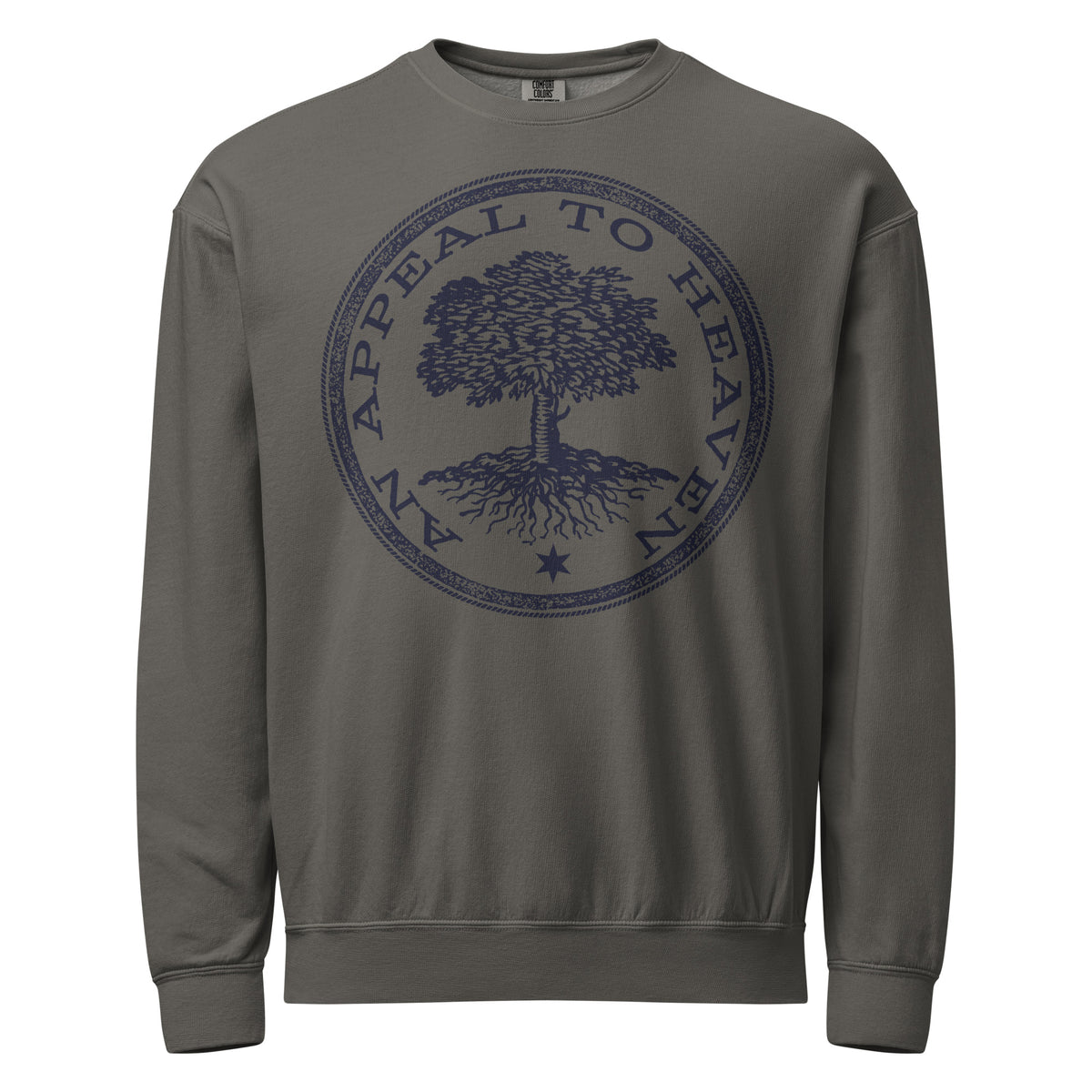 Gray sweatshirt with a tree logo and &#39;An Appeal to Health&#39; text on a white background