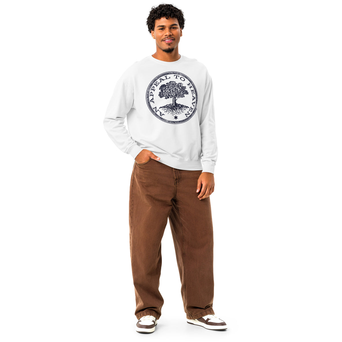 Man wearing a white An Appeal to Heaven Unisex Garment-dyed fleece Crewneck Sweatshirt and brown pants on a white background