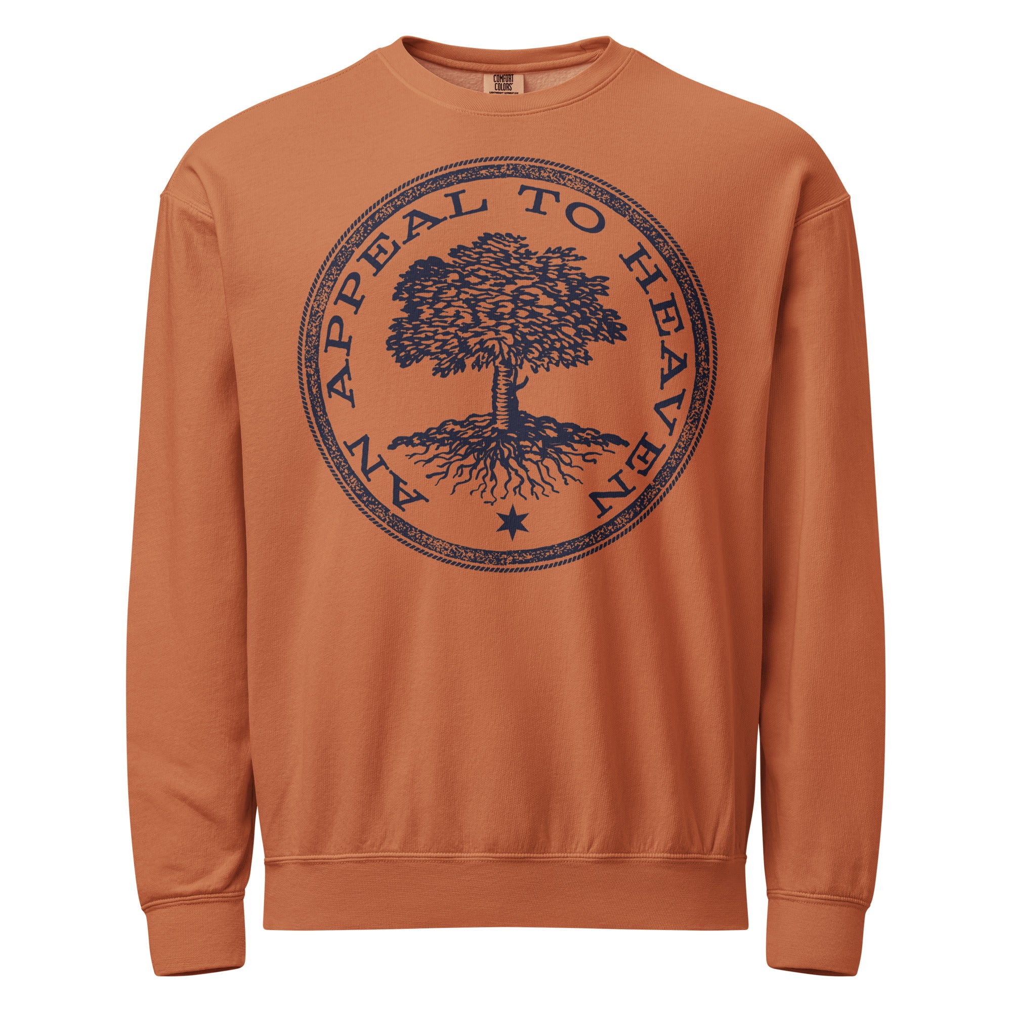 Brown sweatshirt with a tree graphic and text on a white background