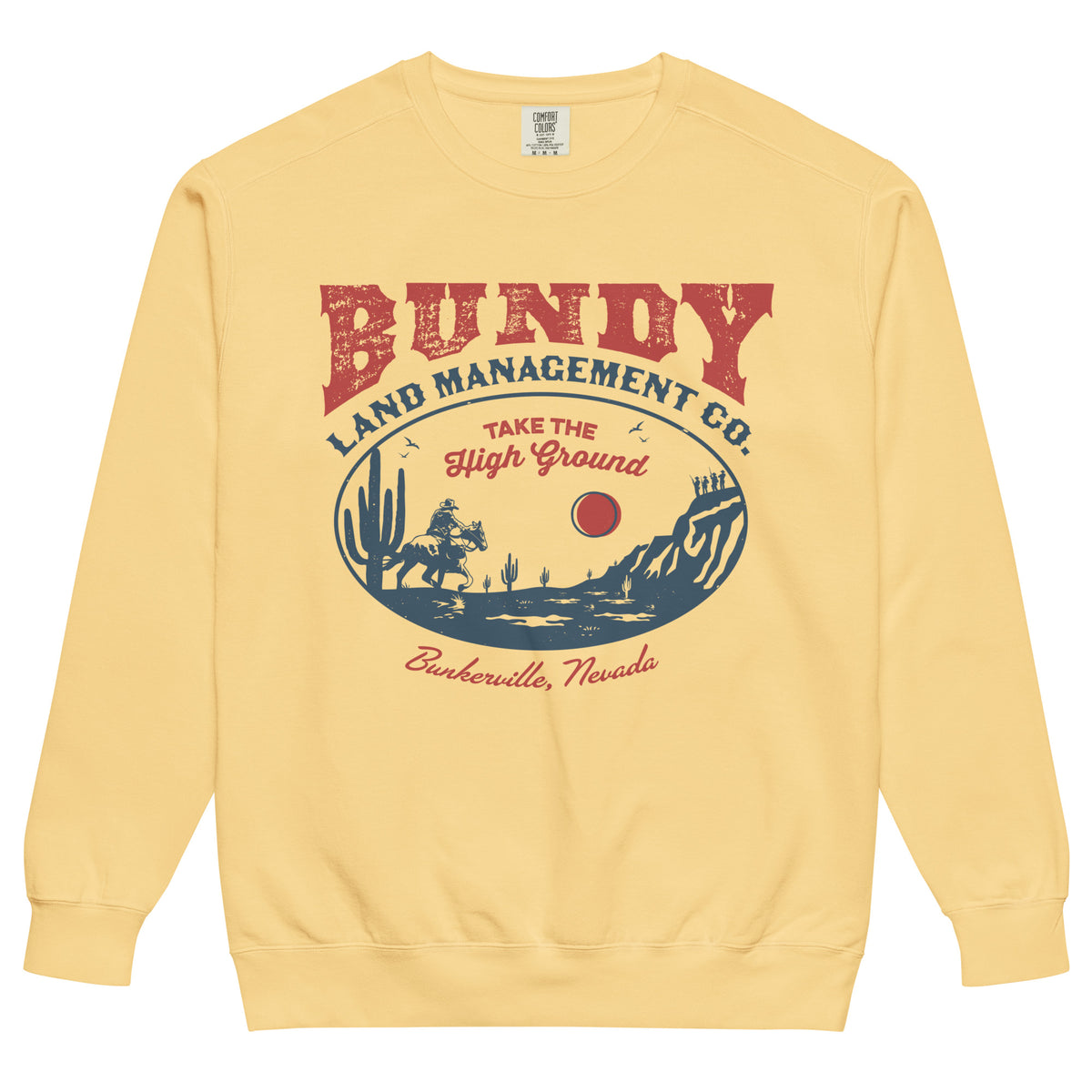 A yellow garment-dyed crewneck sweatshirt with the Bundy Land Management Co. emblem printed on the front.