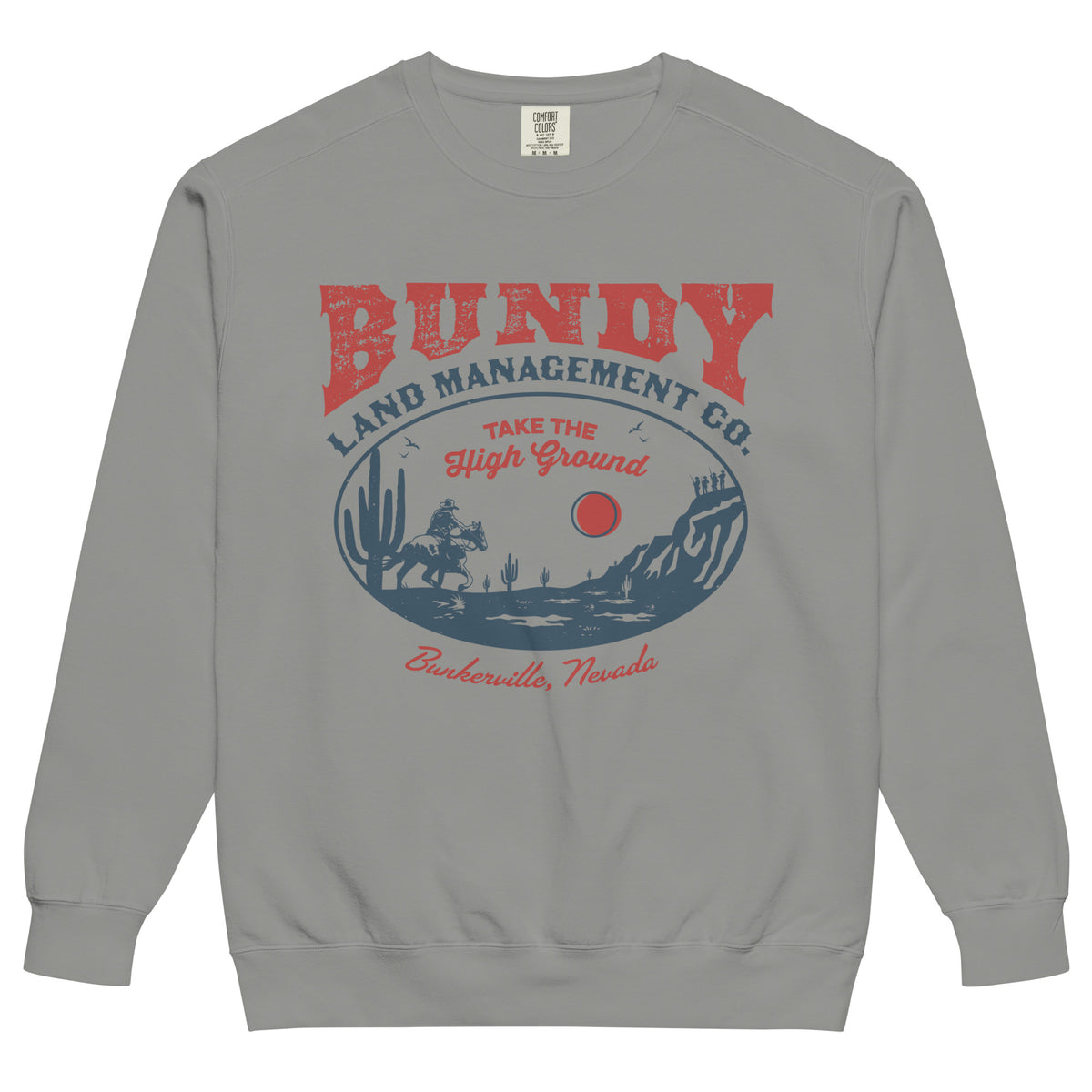 A grey garment-dyed crewneck sweatshirt with the Bundy Land Management Co. emblem printed on the front.