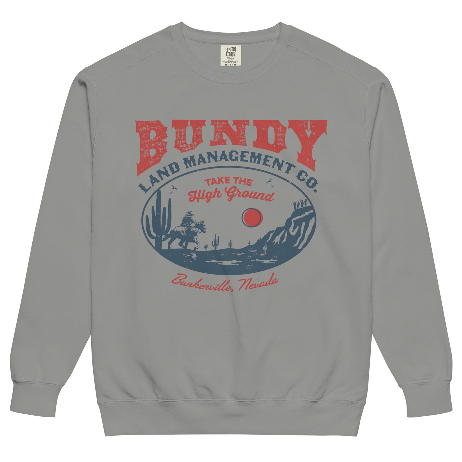 A grey garment-dyed crewneck sweatshirt with the Bundy Land Management Co. emblem printed on the front.
