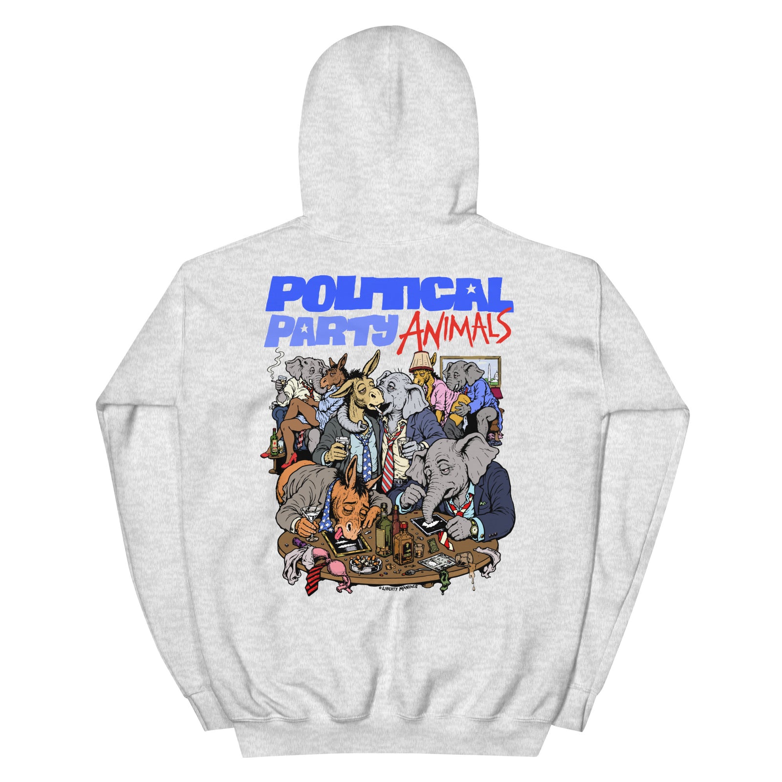 Political Party Animals political satire hoodie in Ash, back view, by Liberty Maniacs