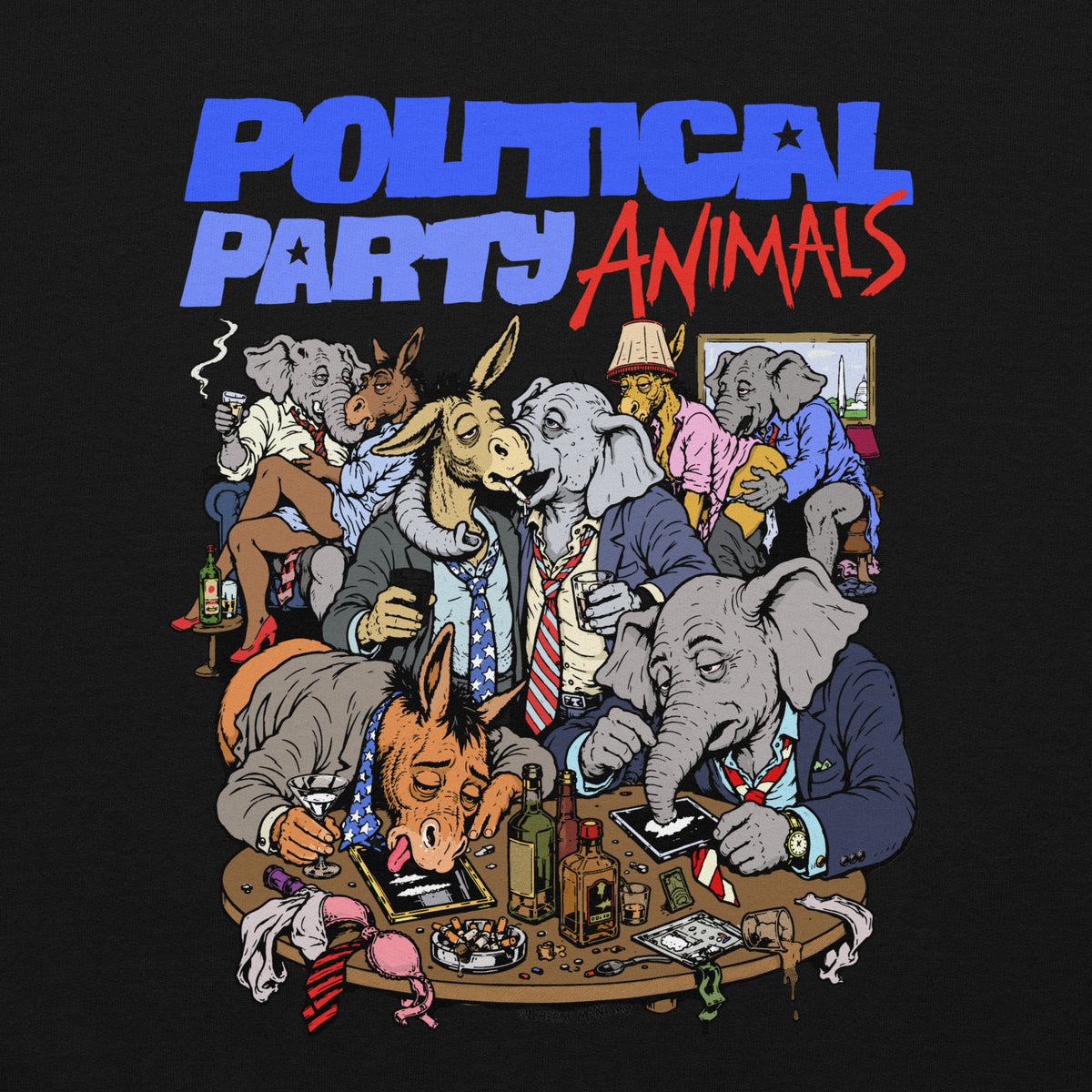 Political Party Animals satirical pullover hoodie in black, back view, featuring elephant and donkey political cartoon artwork