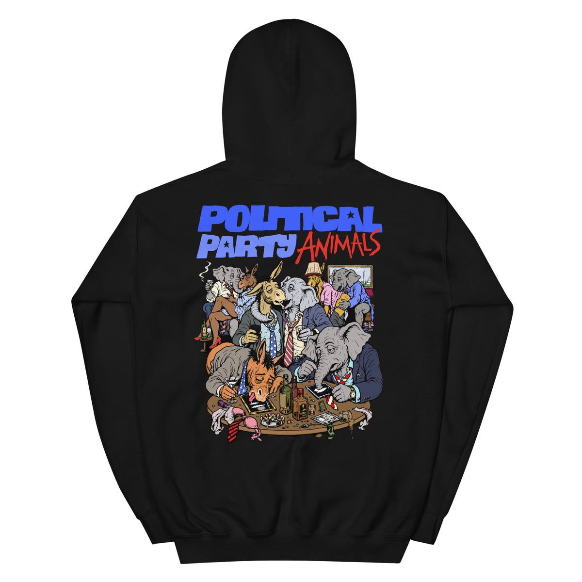 Political Party Animals political satire hoodie in black, back view, by Liberty Maniacs