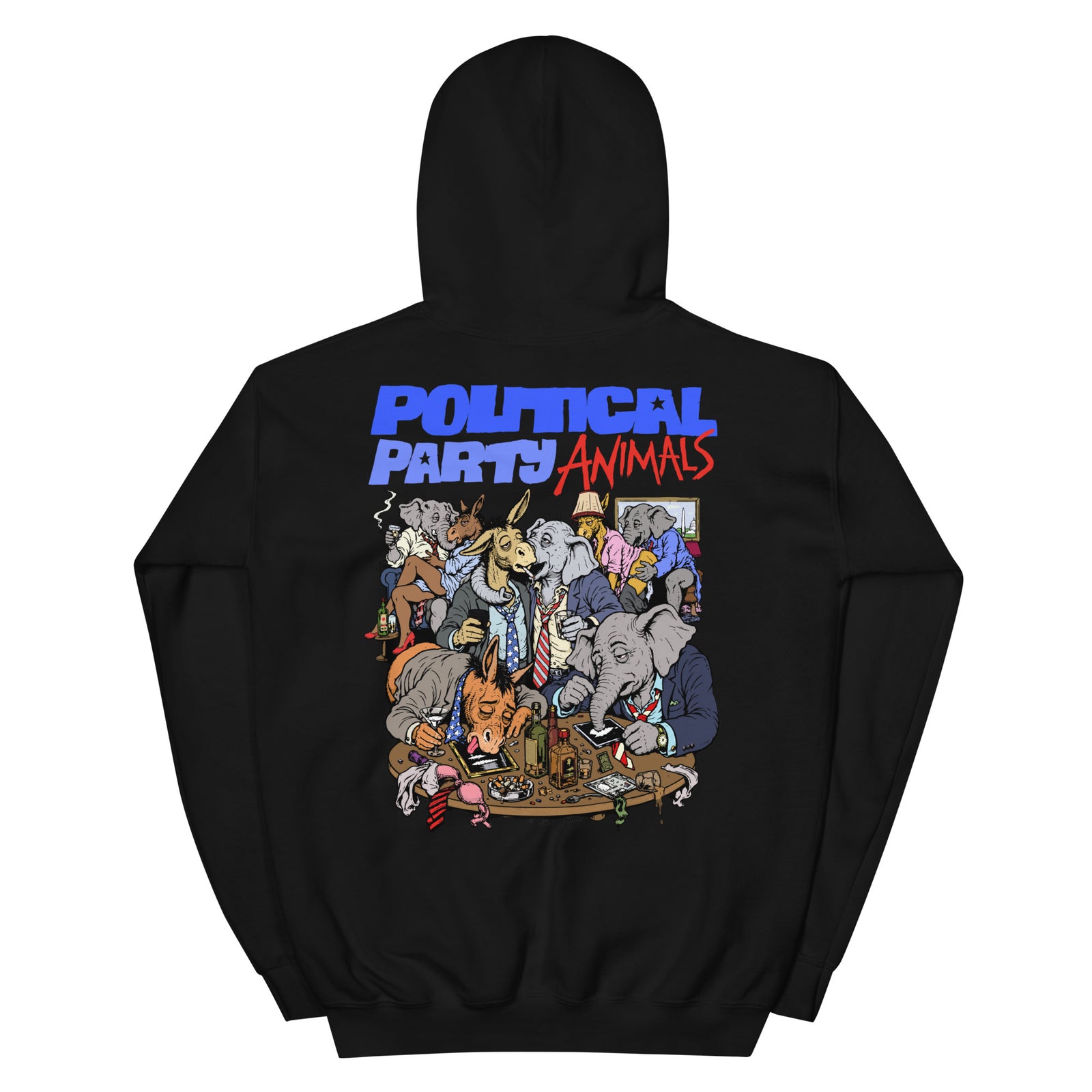 Political Party Animals political satire hoodie in black, back view, by Liberty Maniacs