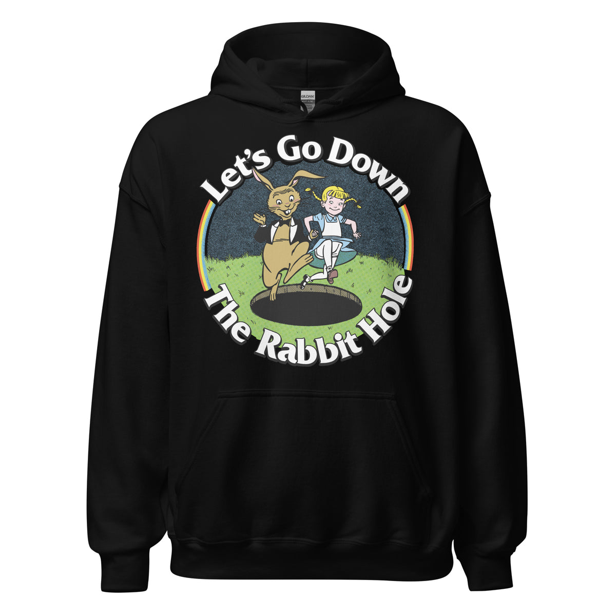 Gray unisex hoodie with &#39;Let&#39;s Go Down the Rabbit Hole&#39; text and a graphic of a rabbit and a character on the front.