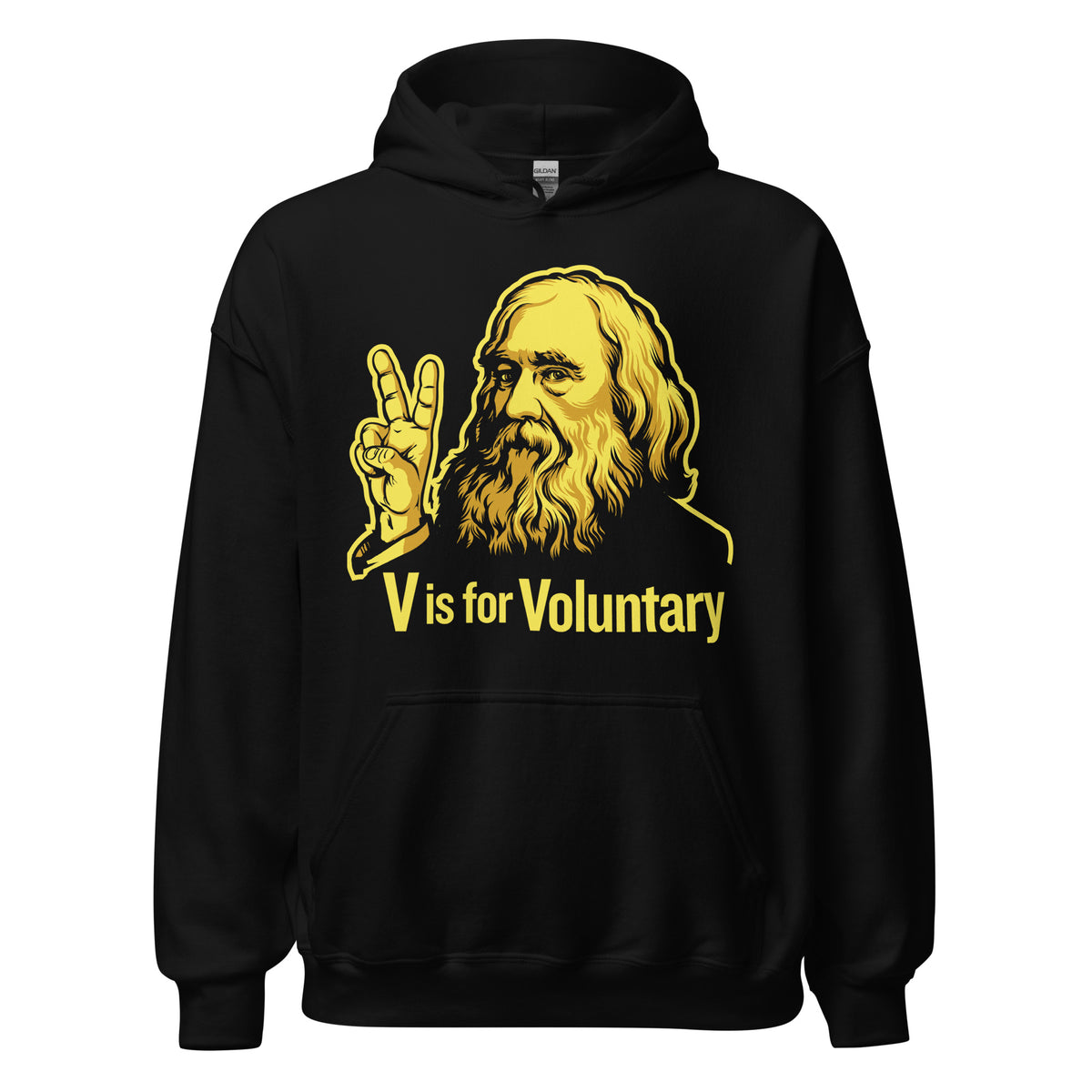 Black hoodie with yellow graphic and text 'V is for Voluntary' on a white background