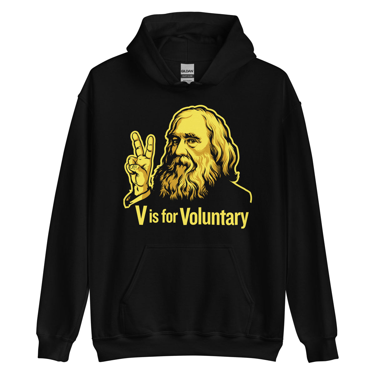 Black hoodie with yellow graphic of a man giving a peace sign and 'V is for Voluntary' text on a white background