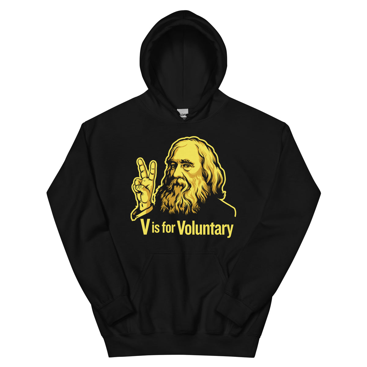 Black hoodie with yellow graphic and text 'V is for Voluntary' on a white background