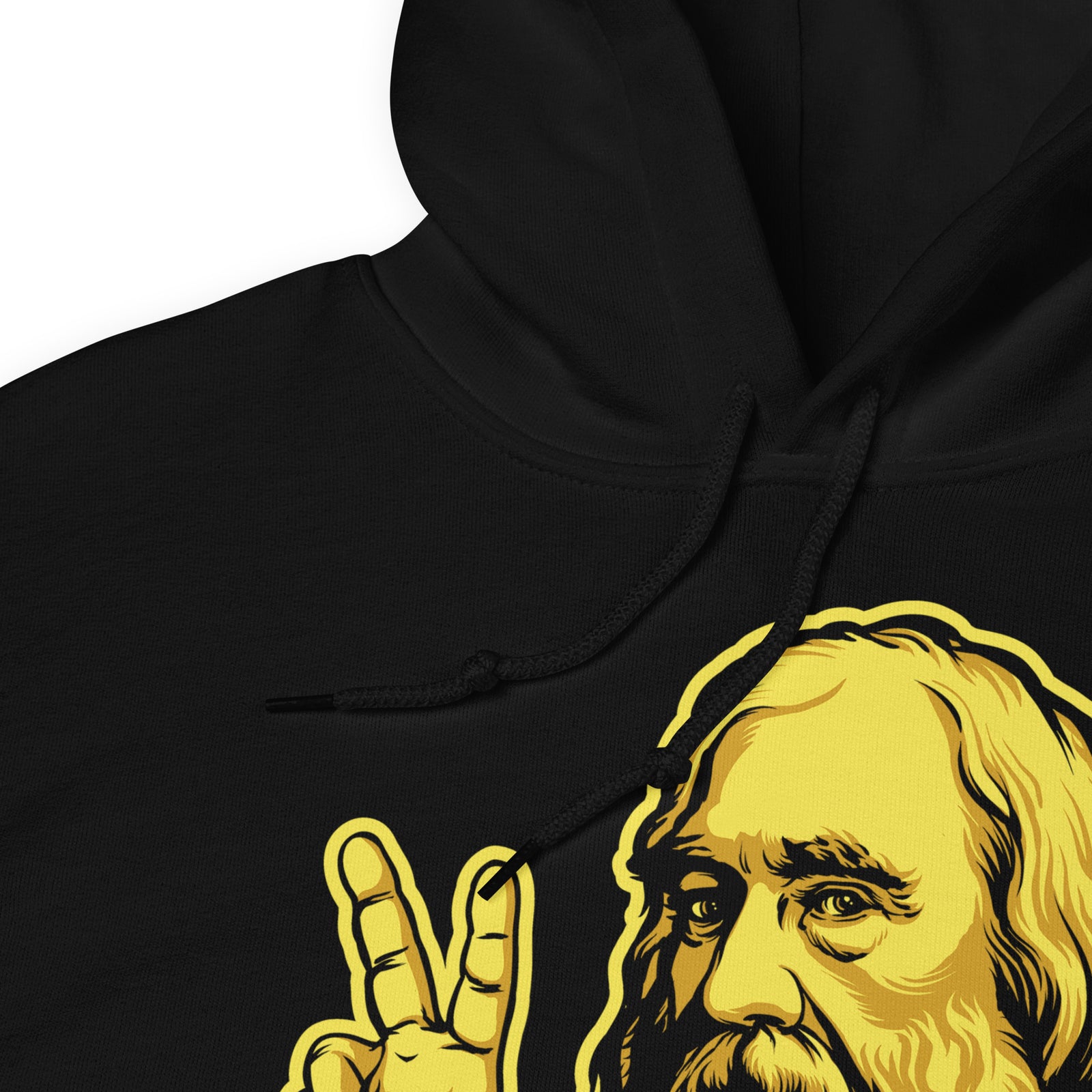 Black hoodie with yellow graphic and text 'V is for Voluntary' on a white background