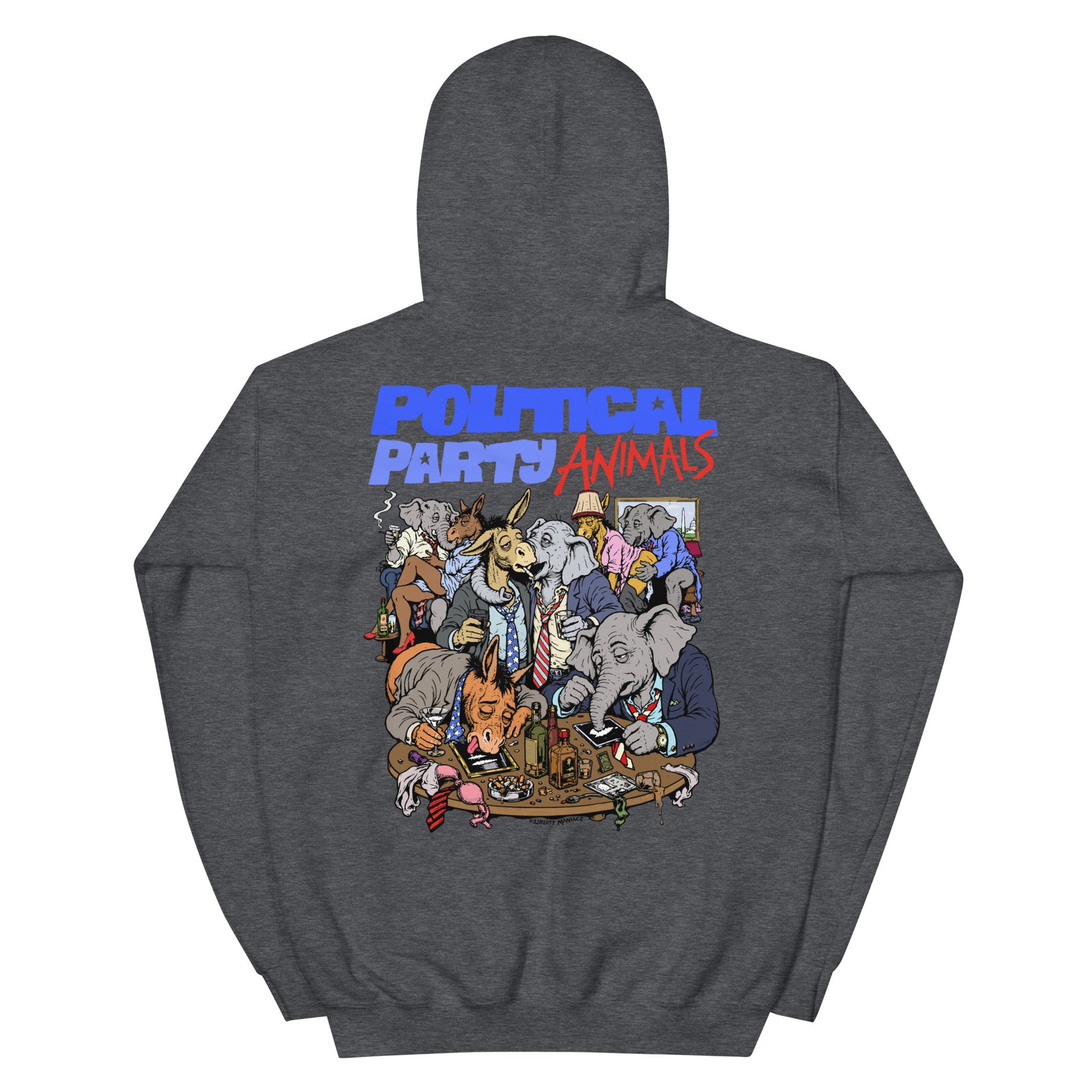 Political Party Animals political satire hoodie in Dark Heather, back view, by Liberty Maniacs