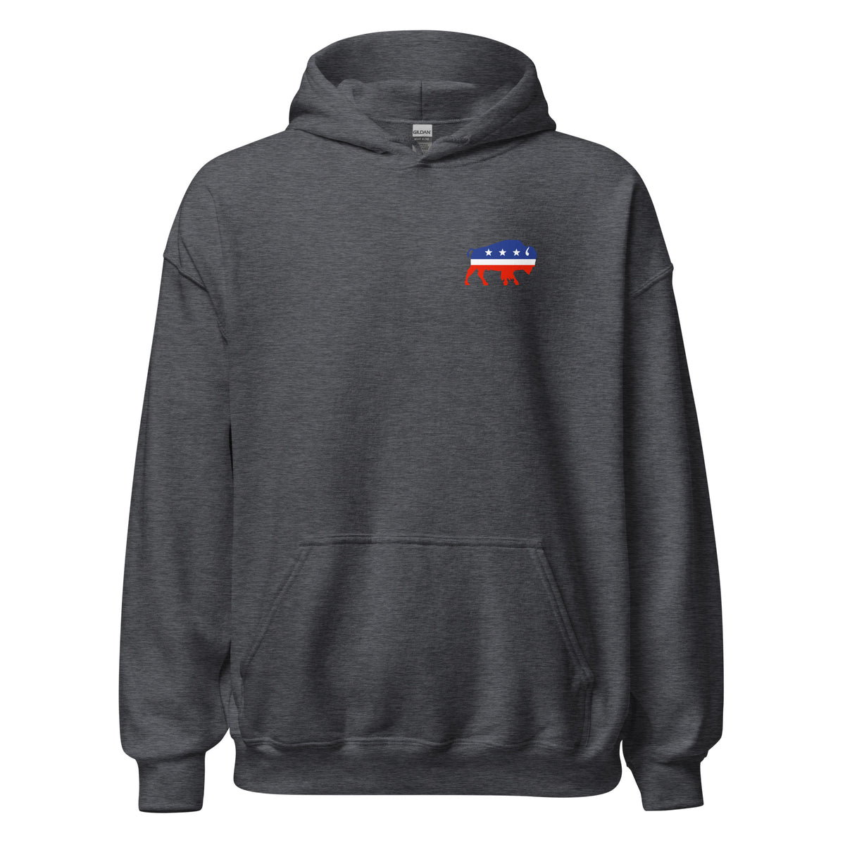 Political Party Animals satirical pullover hoodie in Dark Heather, front view, by Liberty Maniacs