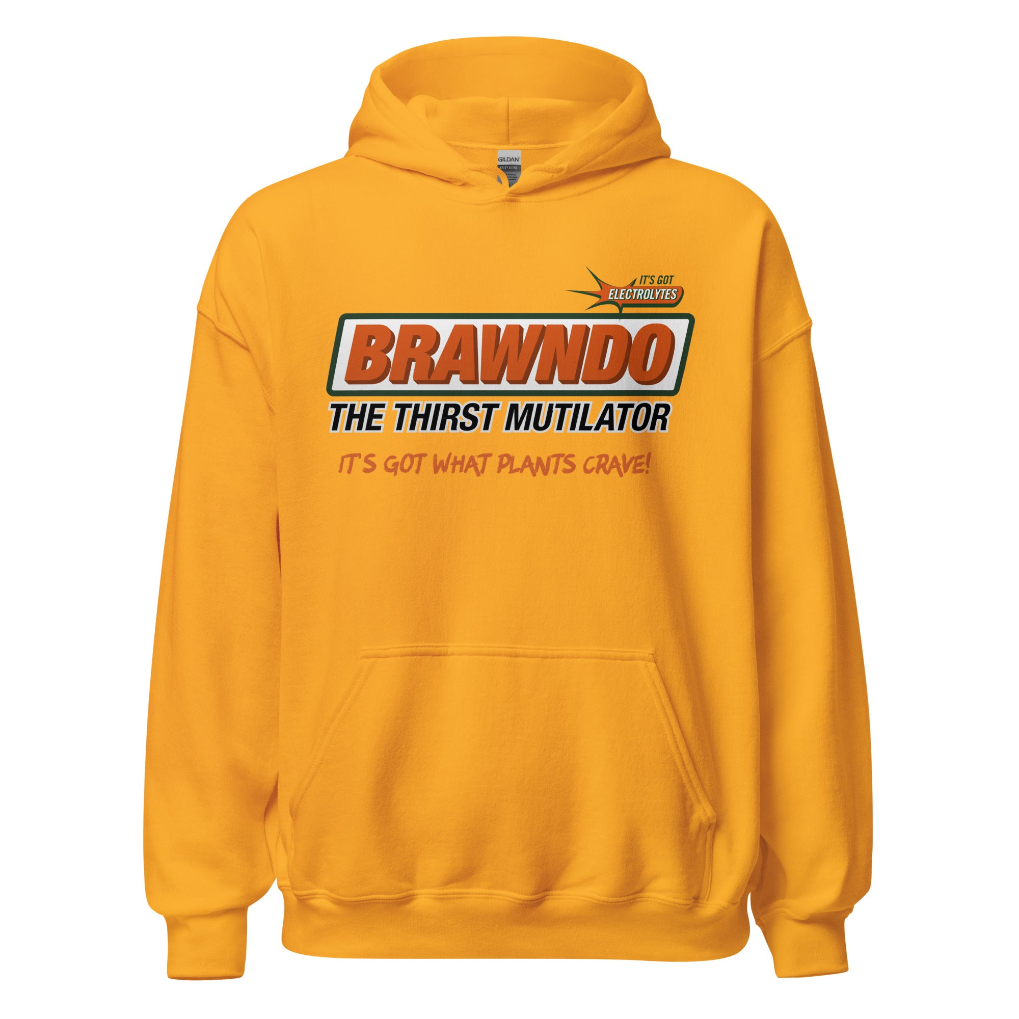 Person wearing a yellow hoodie with 'Brawndo' branding, holding an American flag.