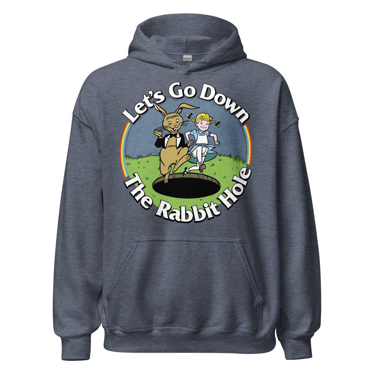 Gray unisex hoodie with &#39;Let&#39;s Go Down the Rabbit Hole&#39; text and a graphic of a rabbit and a character on the front.