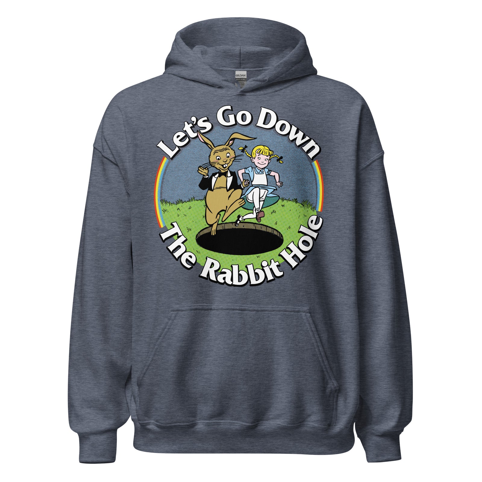 Blue unisex hoodie with 'Let's Go Down the Rabbit Hole' text and a graphic of a rabbit and a character on the front.