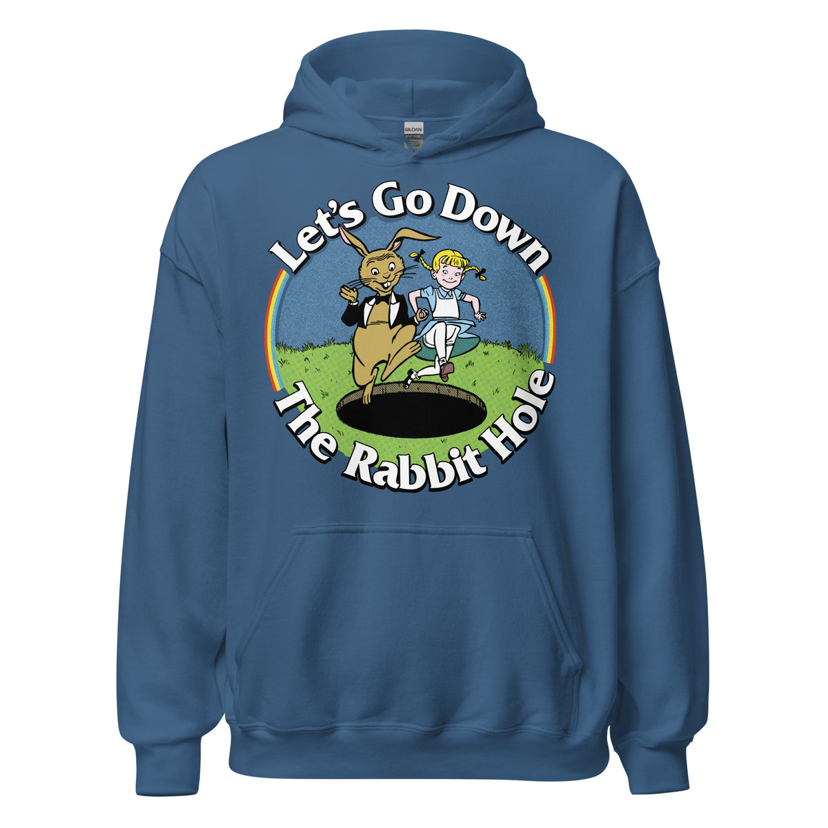 Blue unisex hoodie with &#39;Let&#39;s Go Down the Rabbit Hole&#39; text and a graphic of a rabbit and a character on the front.