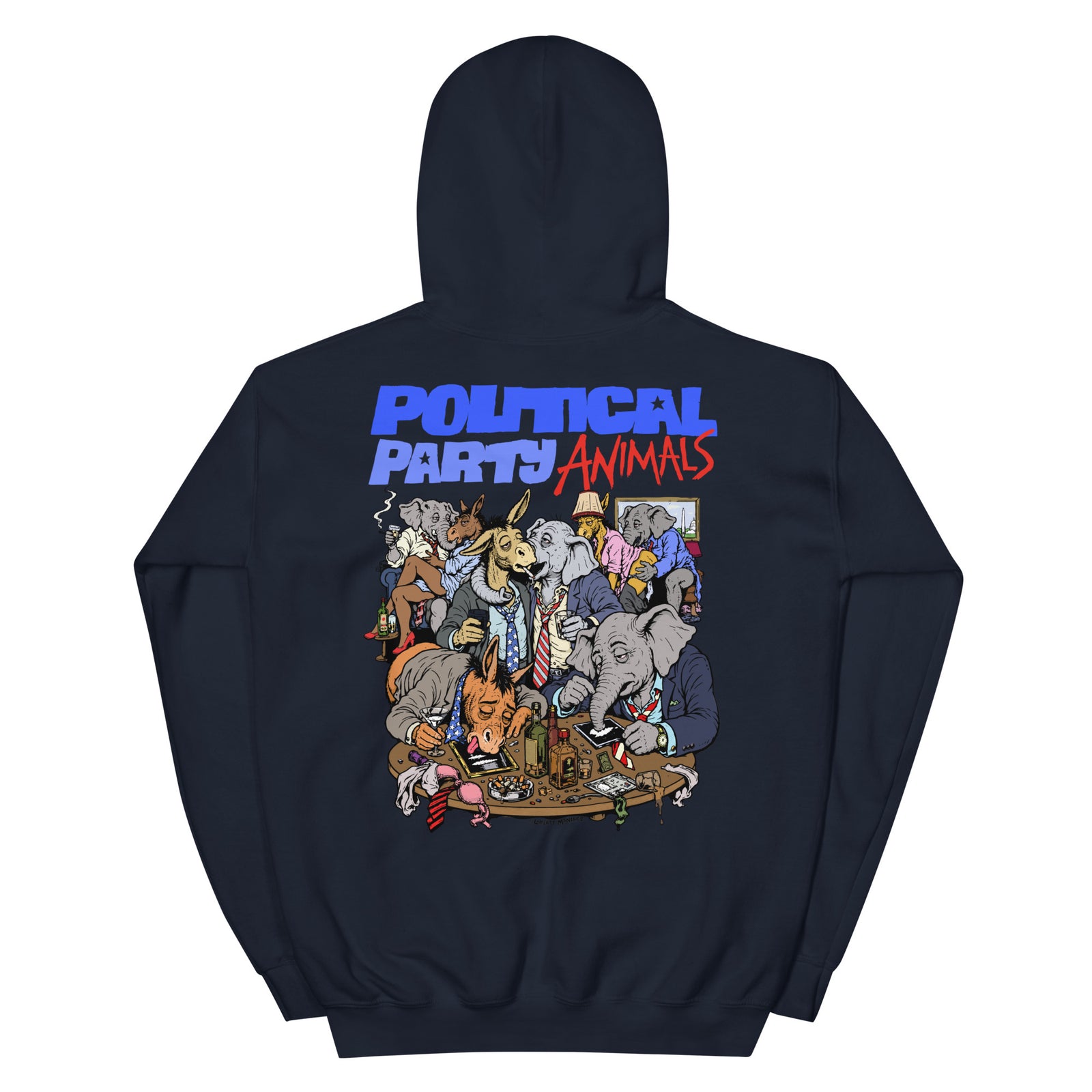 Political Party Animals political satire hoodie in navy, back view, by Liberty Maniacs