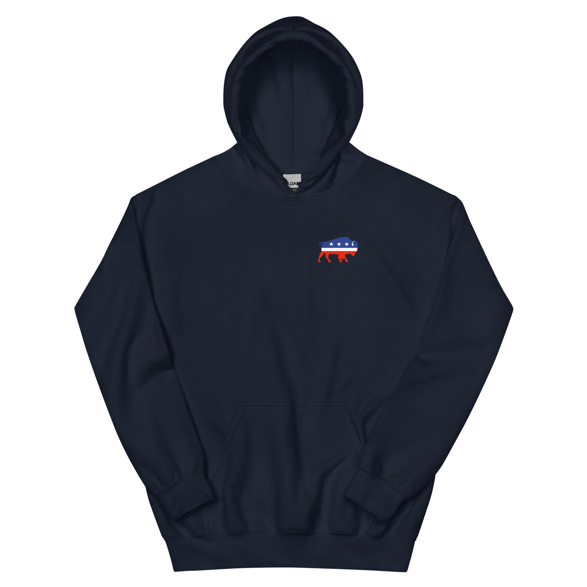 Political Party Animals political satire hoodie in navy, front view, by Liberty Maniacs