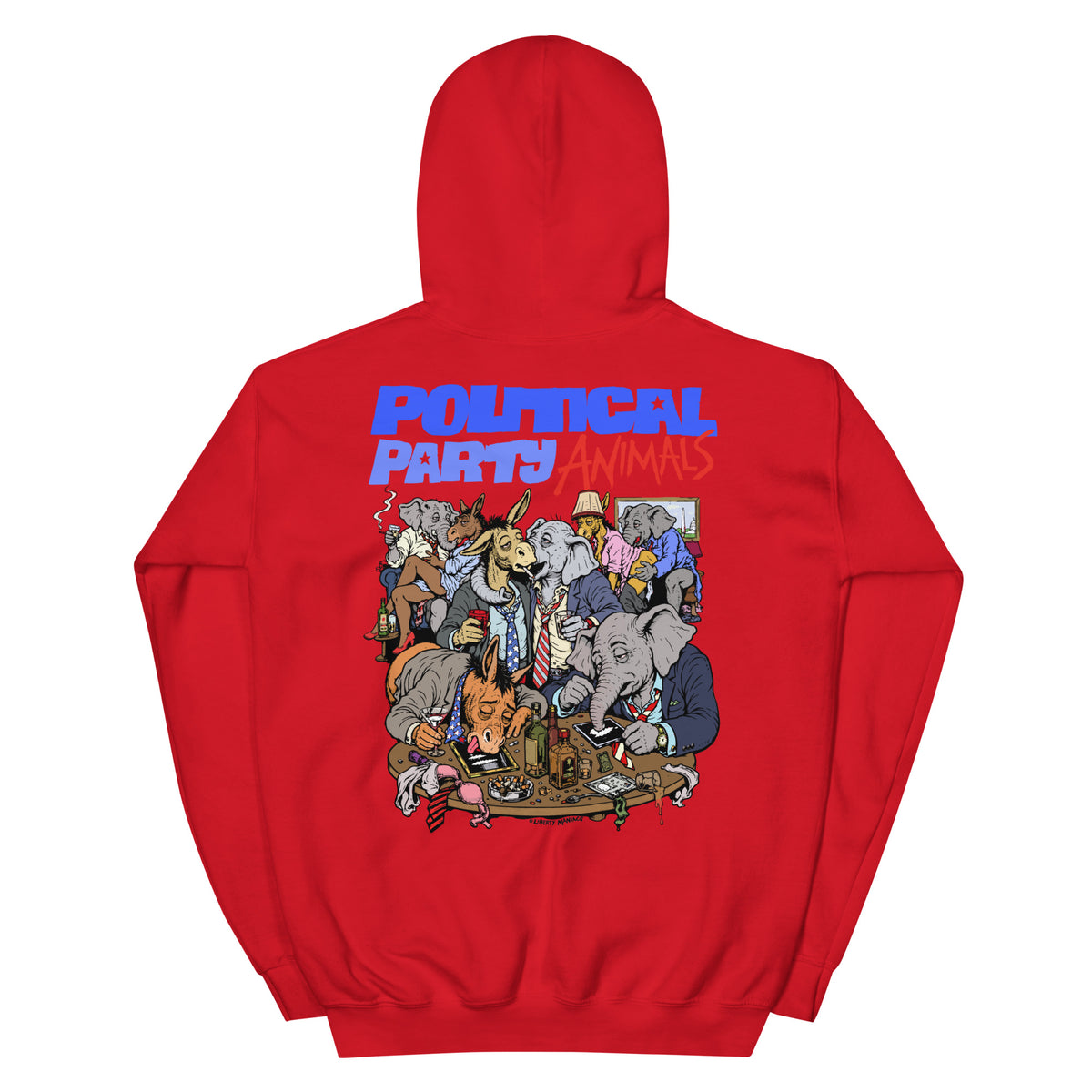 Political Party Animals political satire hoodie in red, back view, by Liberty Maniacs