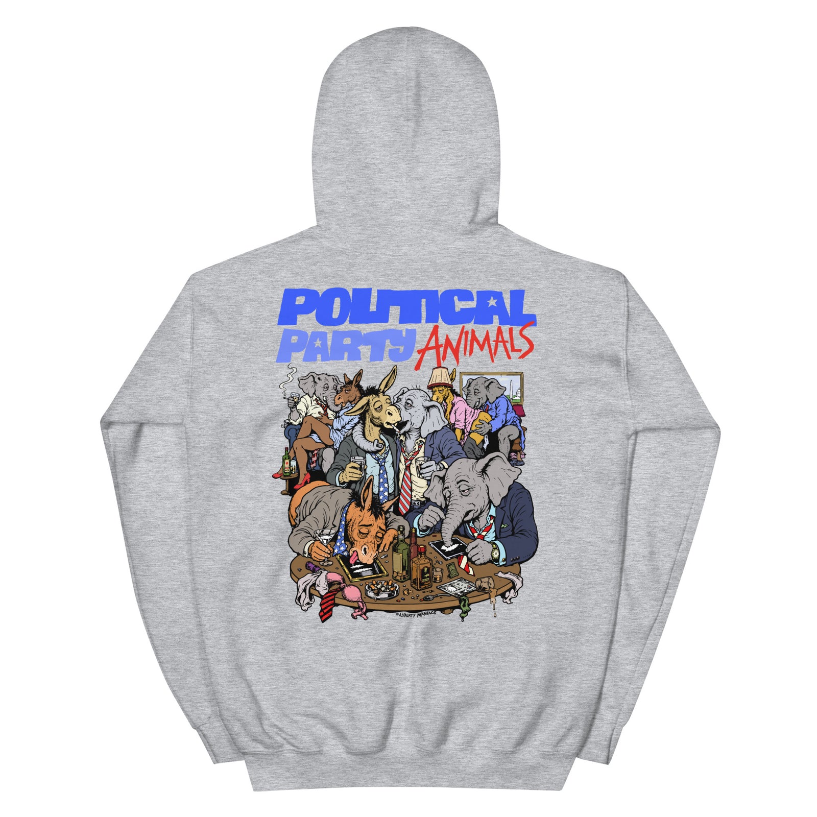 Political Party Animals satirical pullover hoodie in Sport Grey, back view, with Liberty Maniacs political cartoon artwork