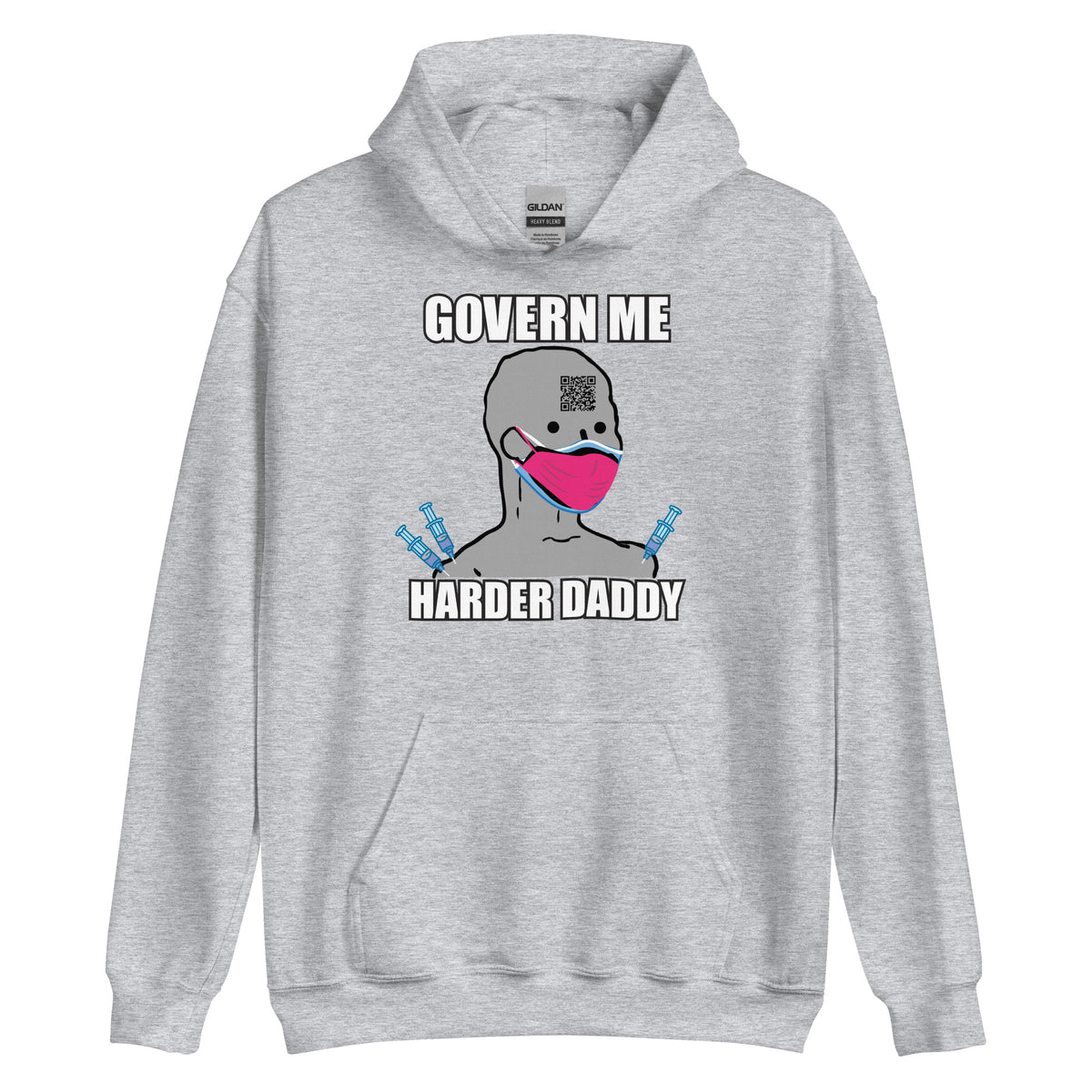 Black unisex hoodie with text &#39;Govern Me Harder Daddy&#39; and a cartoon character illustration in the center.