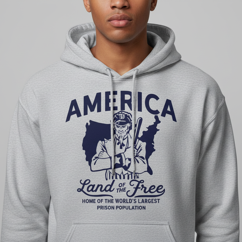 Gray hoodie with 'America Land of the Free' graphic on a gray background
