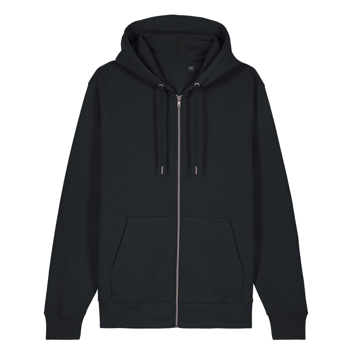 Front view of Black Virginia State Seal heavyweight zip-up hoodie showing the plain front, metal zipper, drawcords and pockets.