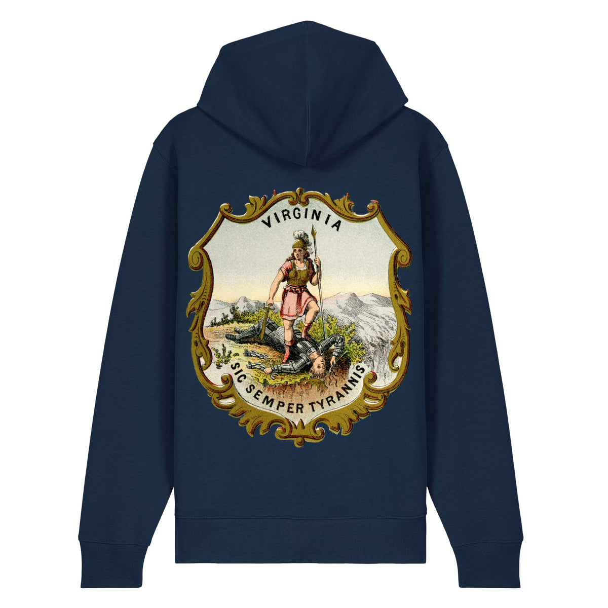 Back view of French Navy Virginia State Seal heavyweight zip-up hoodie with vintage Virtus artwork, gold border and Sic Semper Tyrannis motto.