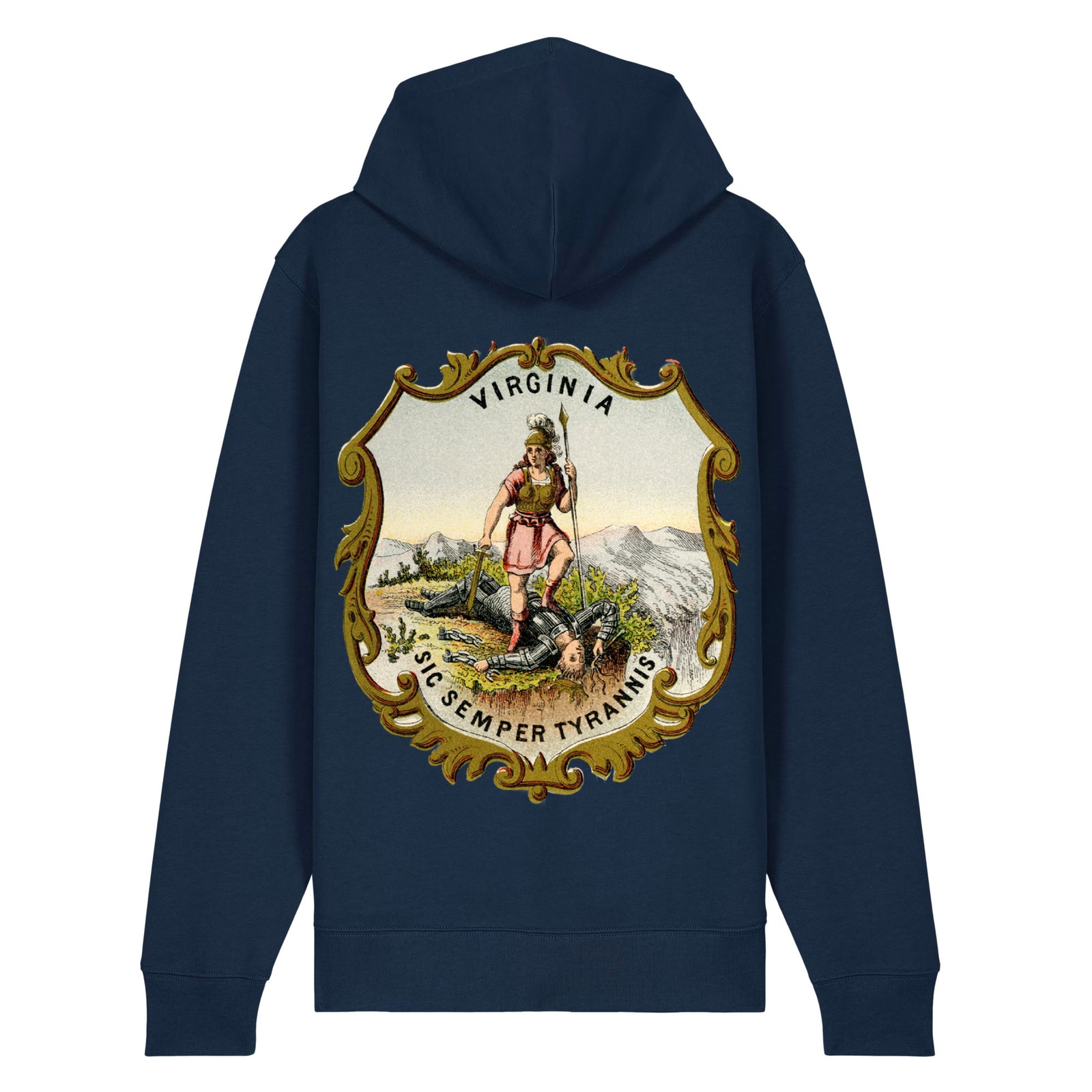 Back view of French Navy Virginia State Seal heavyweight zip-up hoodie with vintage Virtus artwork, gold border and Sic Semper Tyrannis motto.